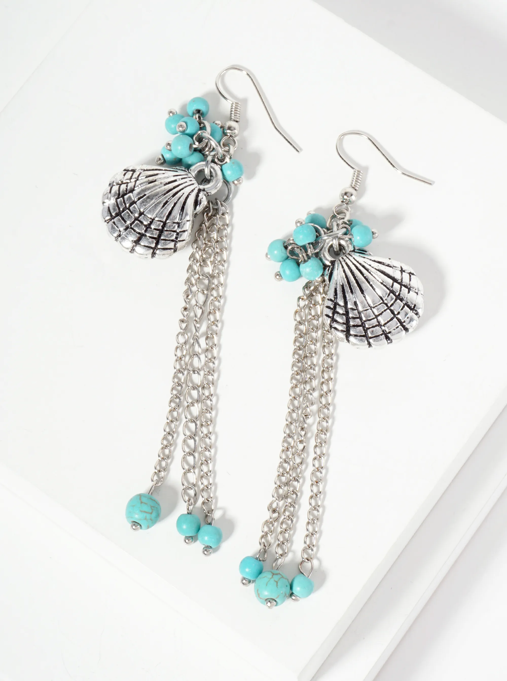 Sea-Life Semi-Precious Natural-Stone Chain Drop Seashell Dangle Earrings