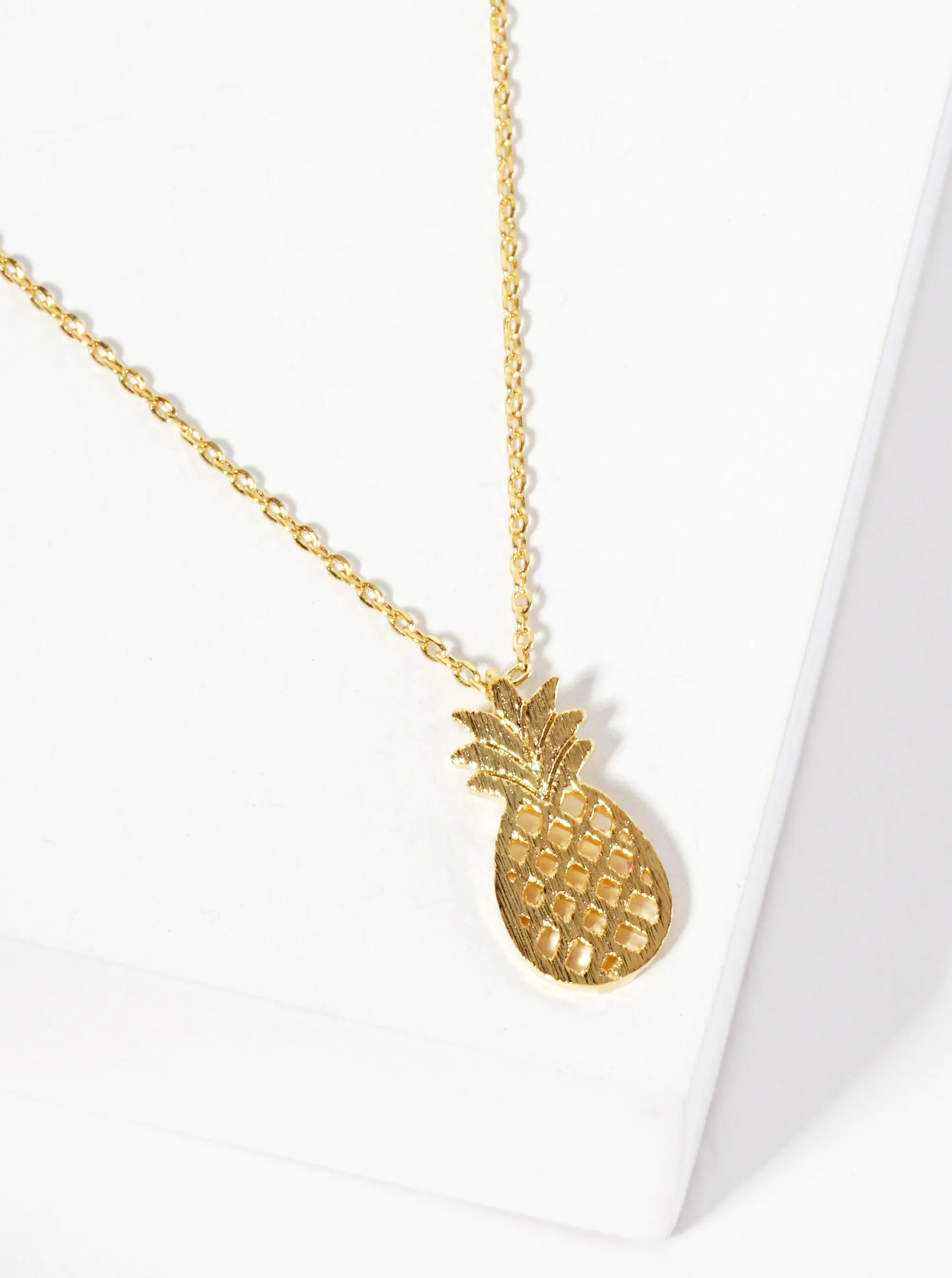 Brushed-Texture Flat Filigree Pineapple Pendant 18K-Gold-Dipped Necklace