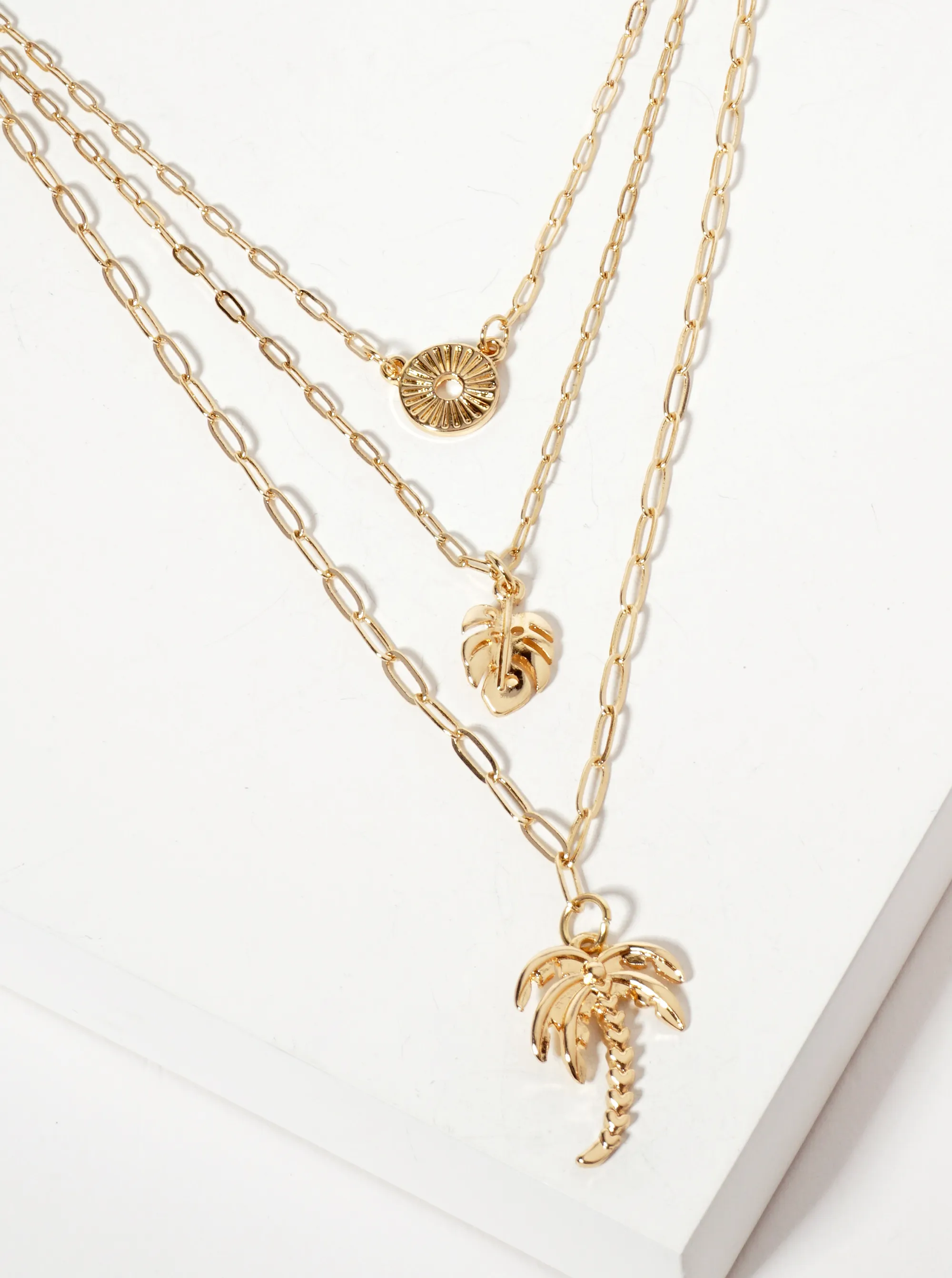 3-PC-Set Tropical-Theme Palm-Tree Monstera-Leaf Pendant Layered Necklace