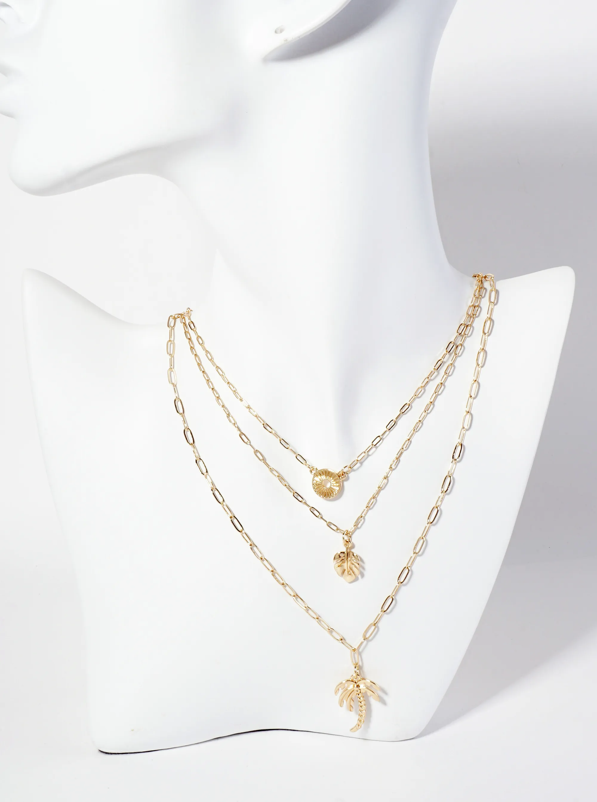 3-PC-Set Tropical-Theme Palm-Tree Monstera-Leaf Pendant Layered Necklace