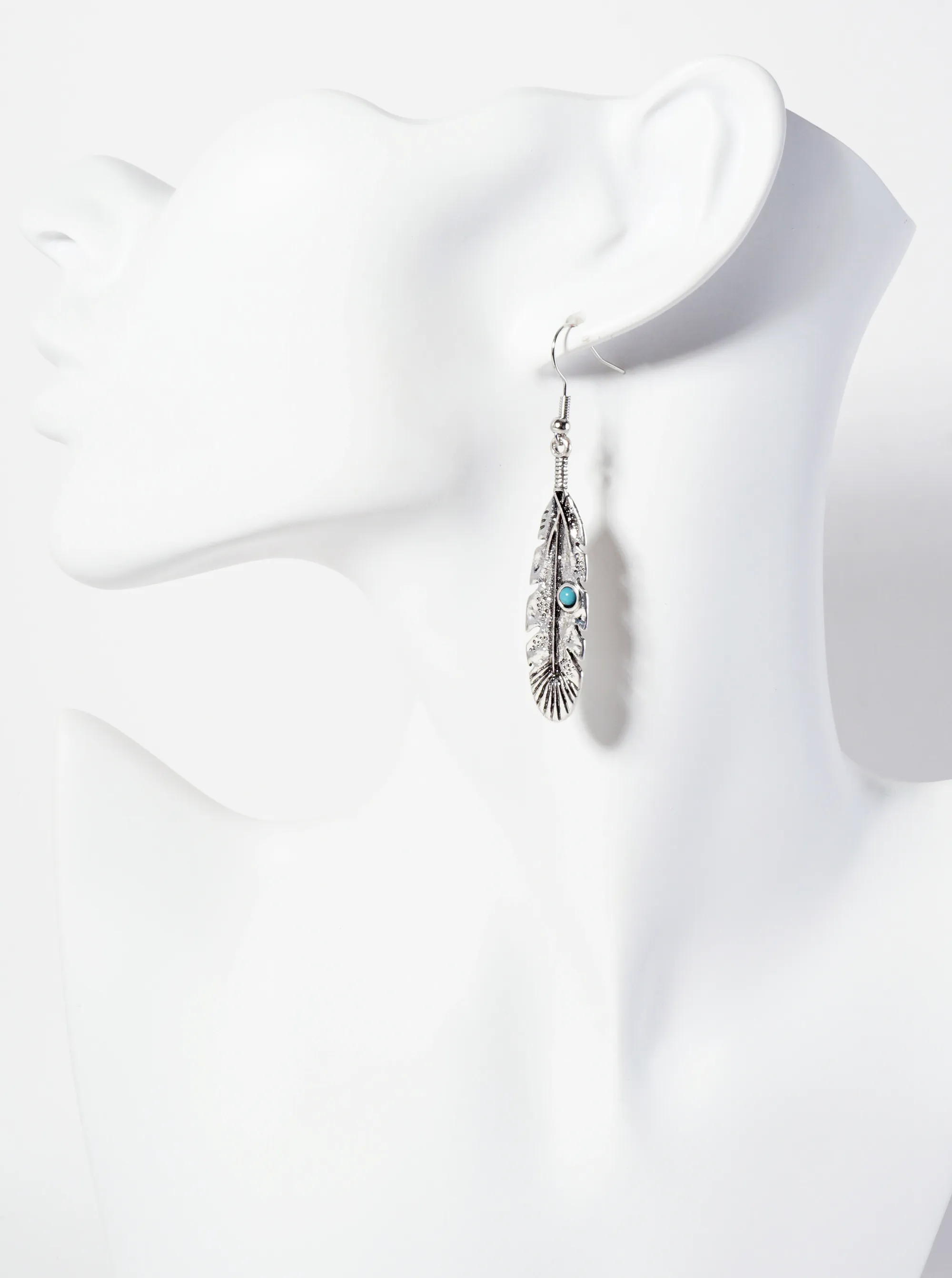 Textured Feather Design Western Dangle Earrings with Turquoise Stones