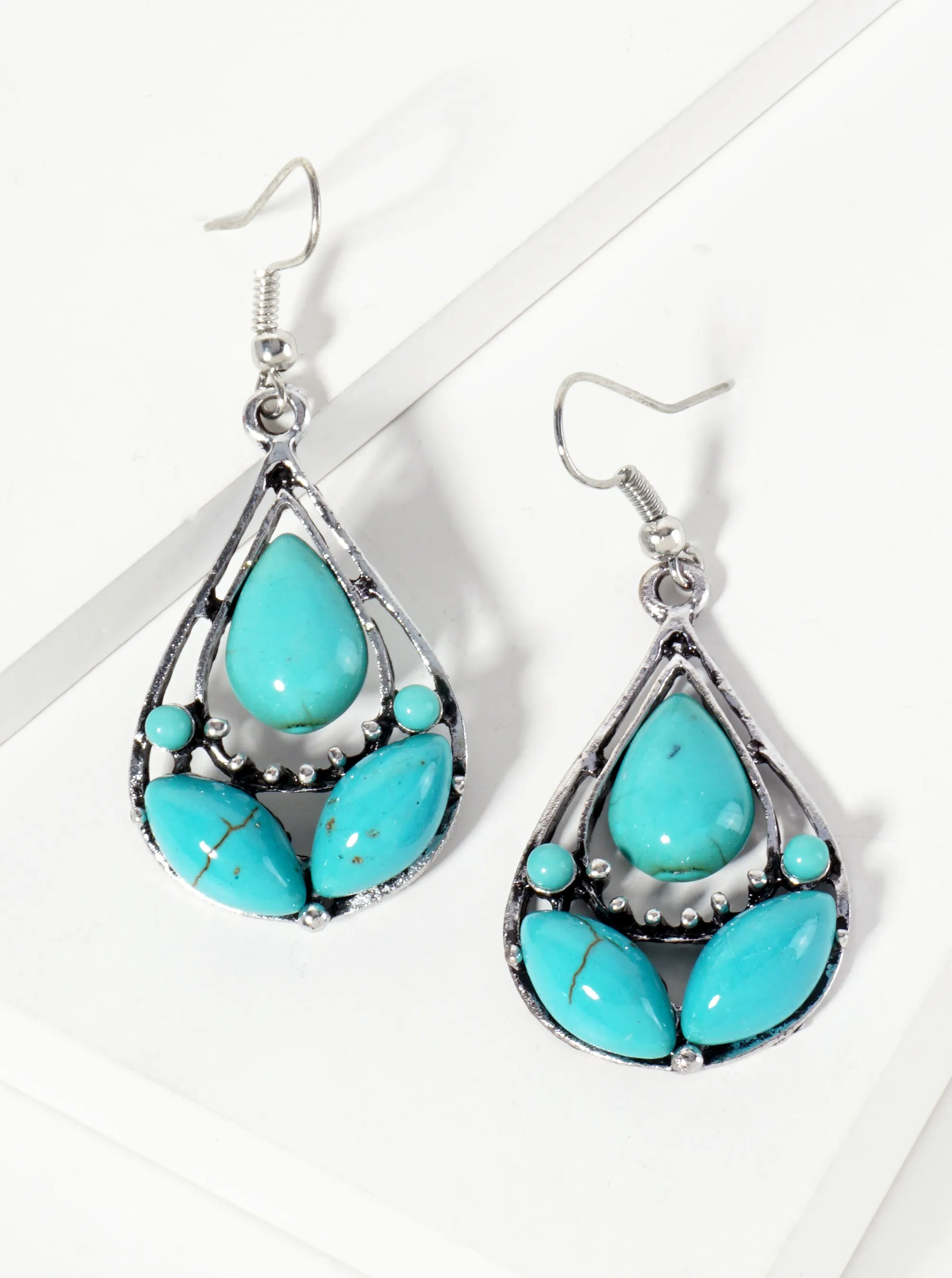 Double Teardrop Dangle Earrings with Turquoise Stones