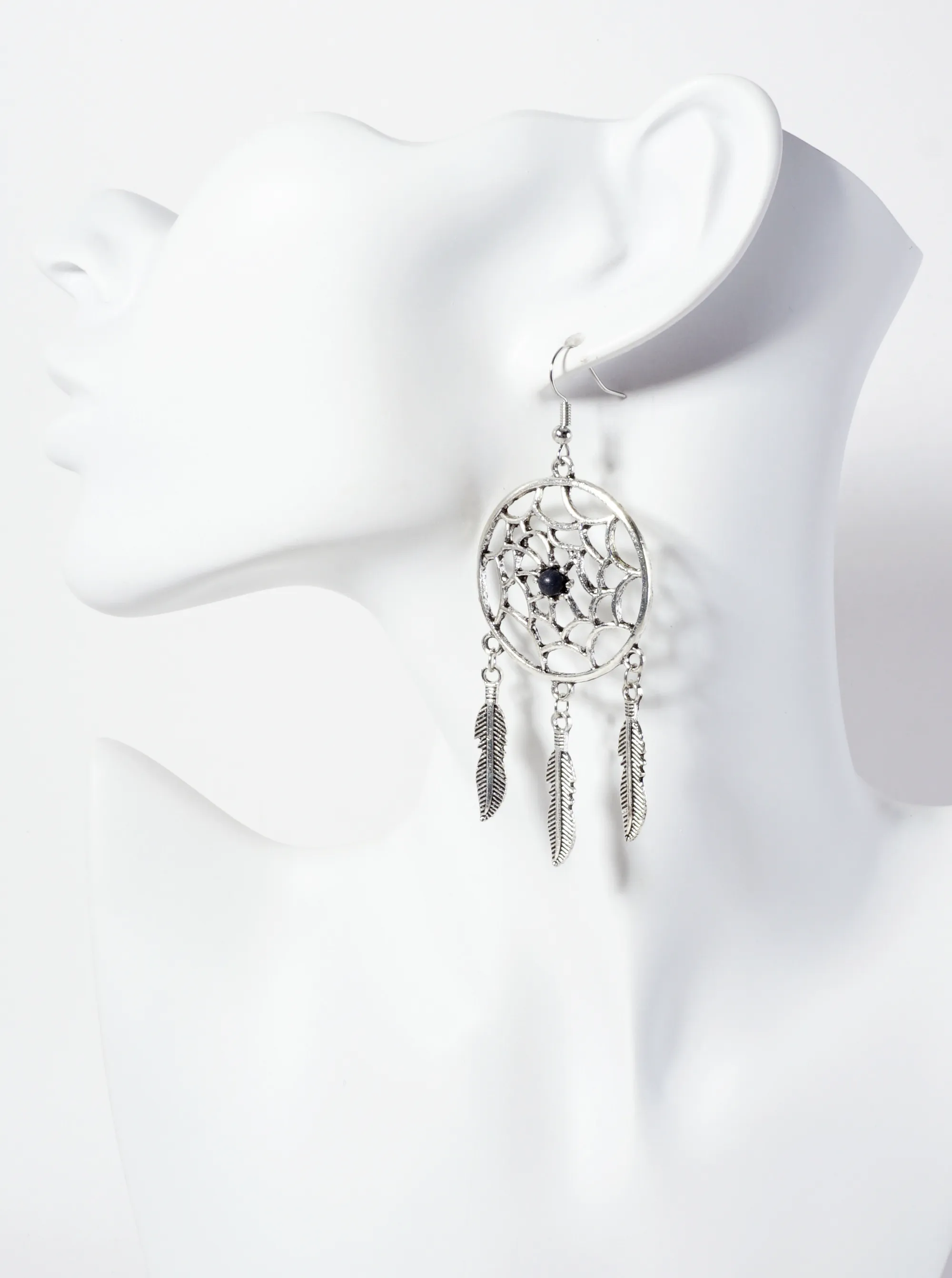 Spiritual-Theme Boho Semi-Precious Natural-Stone Feather Drop Dreamcatcher Dangle Earrings