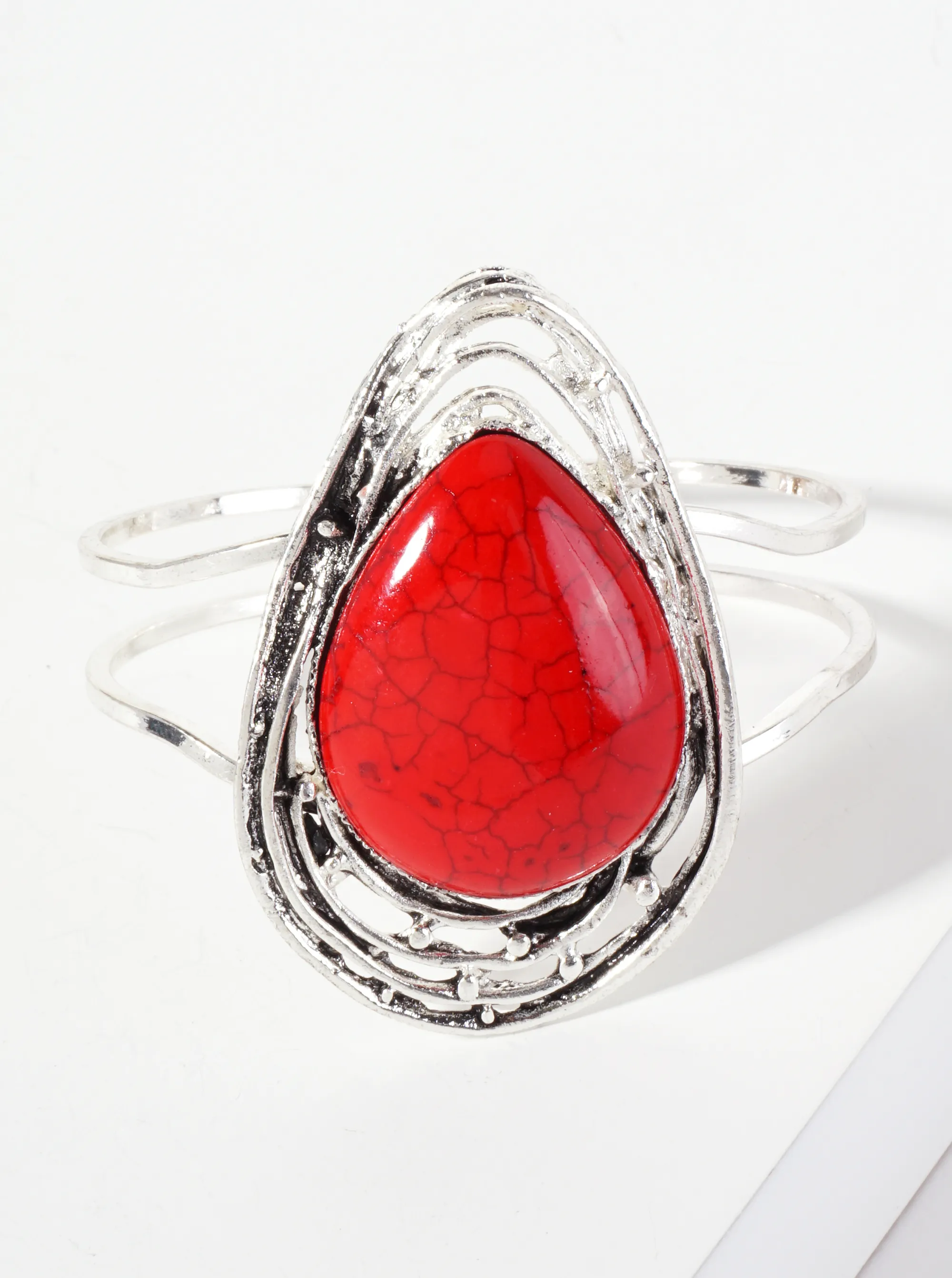 Teardrop-Shaped Semi-Precious Natural-Stone Artisan Hinged Bangle Bracelet