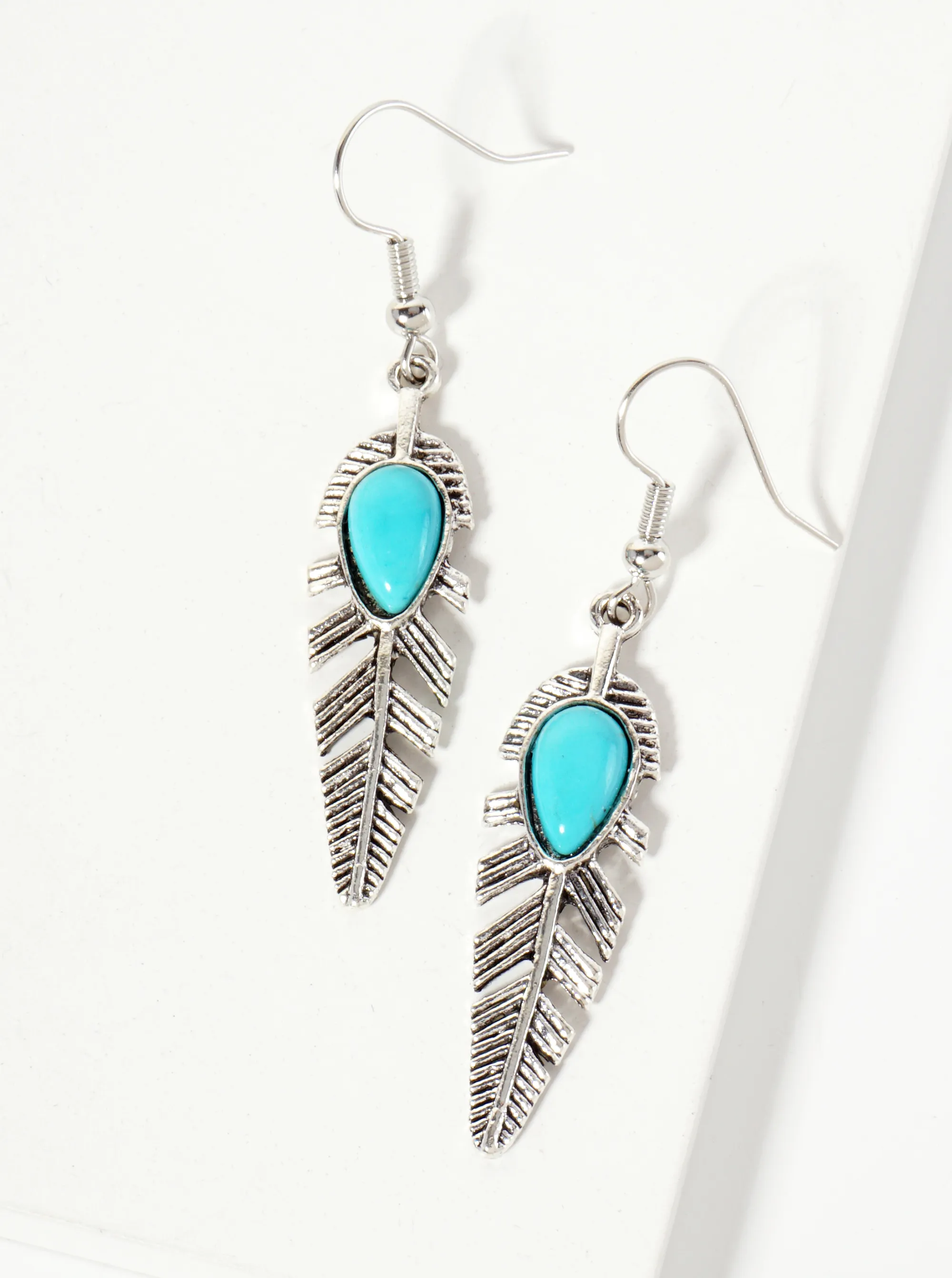 Boho Semi-Precious Natural-Stone Embedded Textured Feather Drop Earrings
