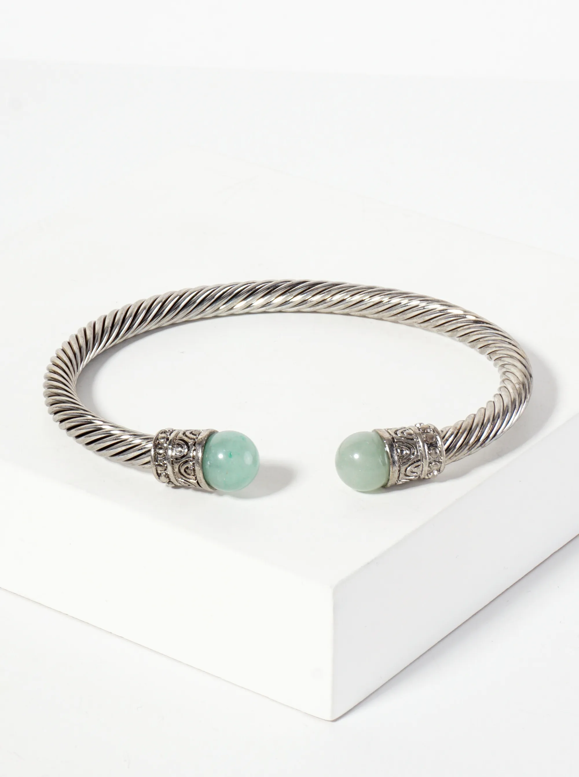 8mm Semi-Precious Natural-Stone Accent Rope-Texture Open Cuff Bracelet