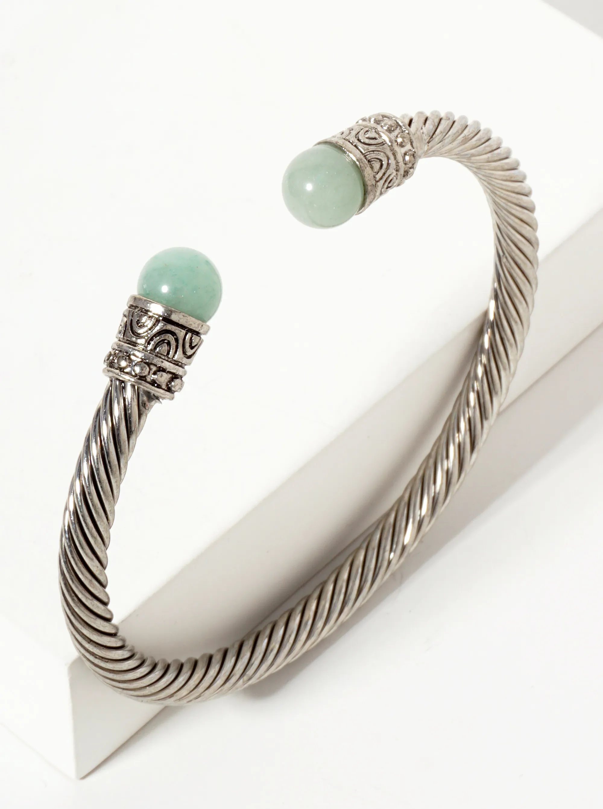 8mm Semi-Precious Natural-Stone Accent Rope-Texture Open Cuff Bracelet