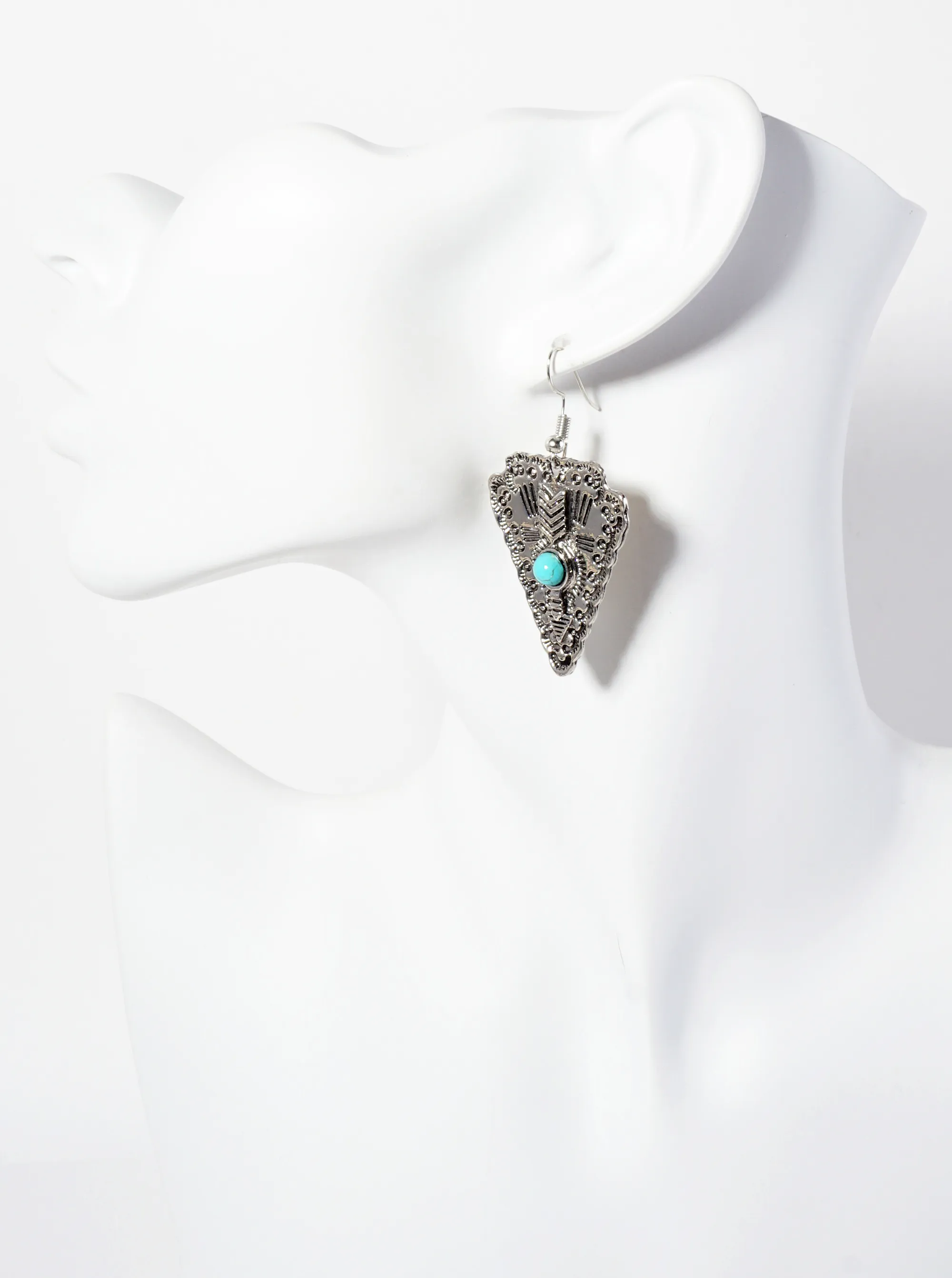 Arrow Pattern Engraved and Semi-Precious Natural-Stone at-the-Center Arrowhead Earrings