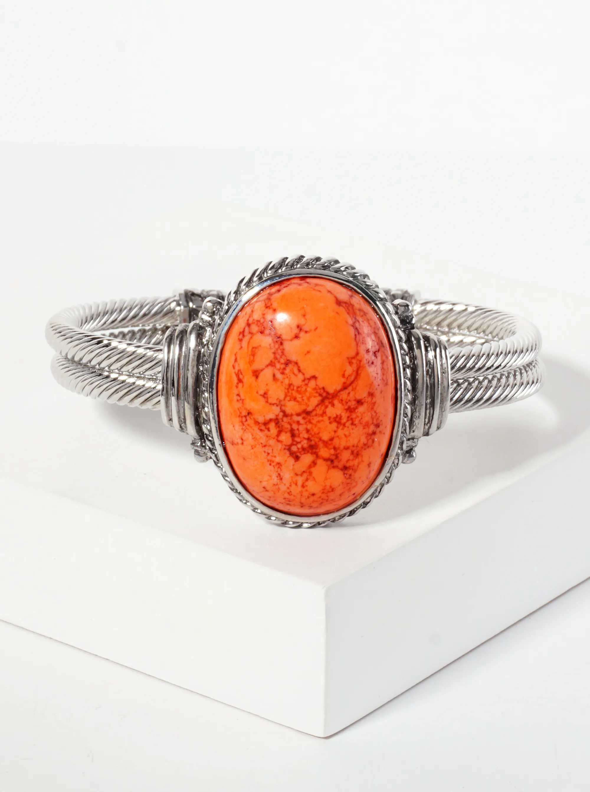 Crystal-Pave Oval-Shaped 30mm Semi-Precious Natural-Stone Open Cuff Bracelet