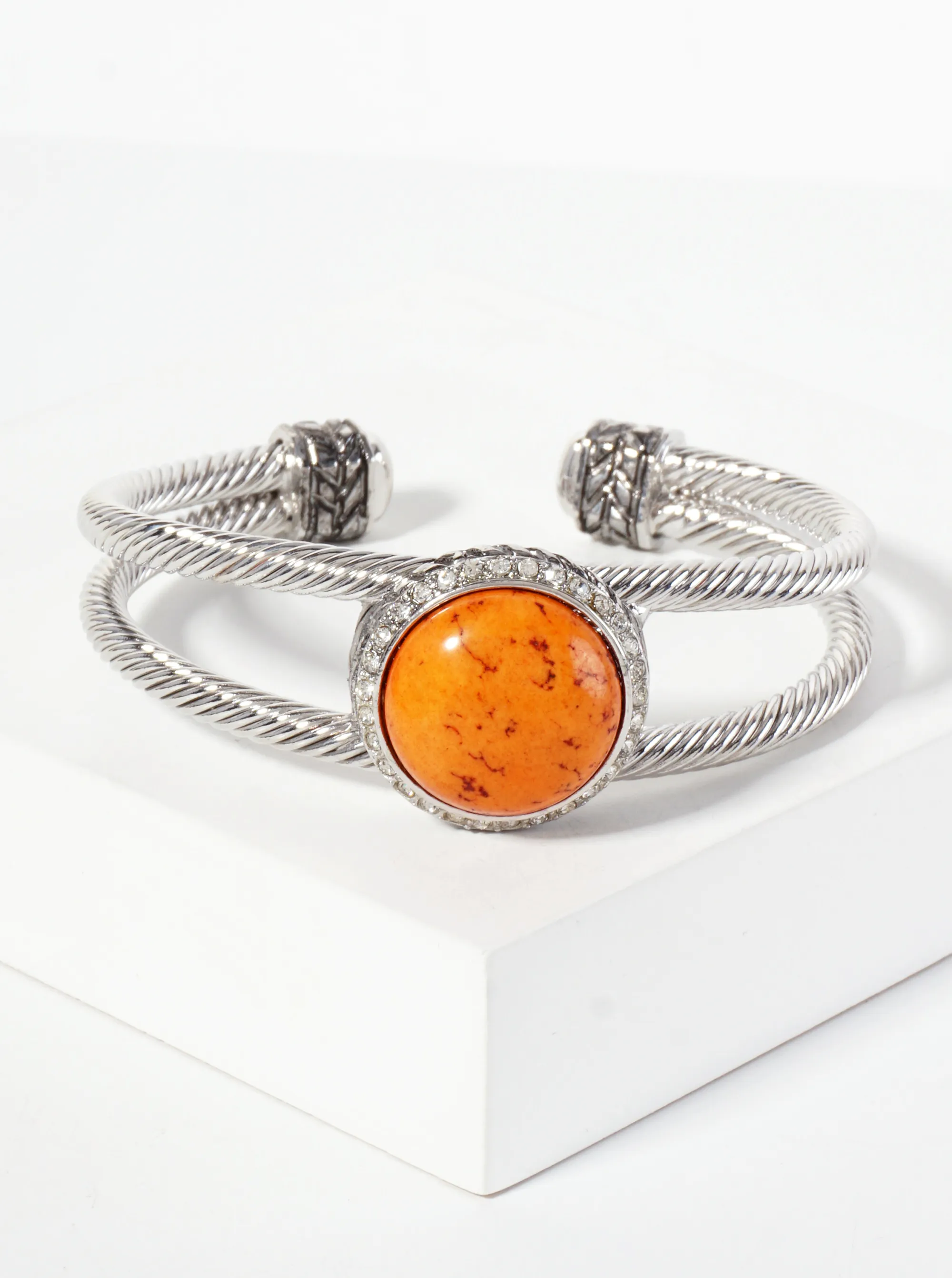 Crystal-Pave Round-Shaped 18mm Semi-Precious Natural-Stone Open Cuff Bracelet