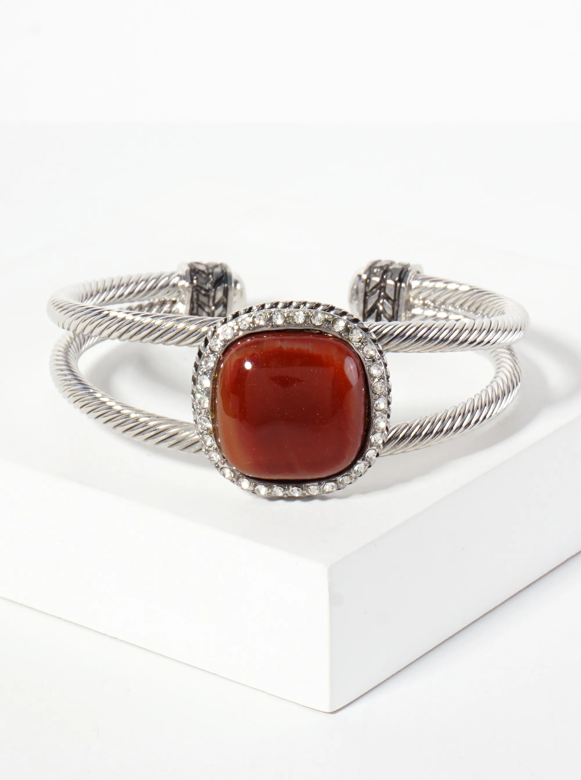 Crystal-Pave Square-Shaped 19mm Semi-Precious Natural-Stone Open Cuff Bracelet