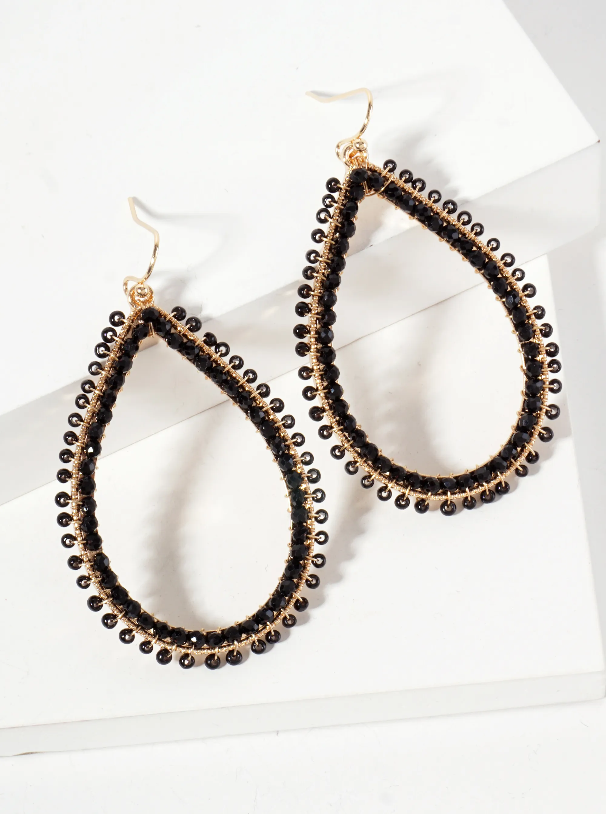 Seed-Beads Wire-Wrapped Teardrop Dangle Earrings BK