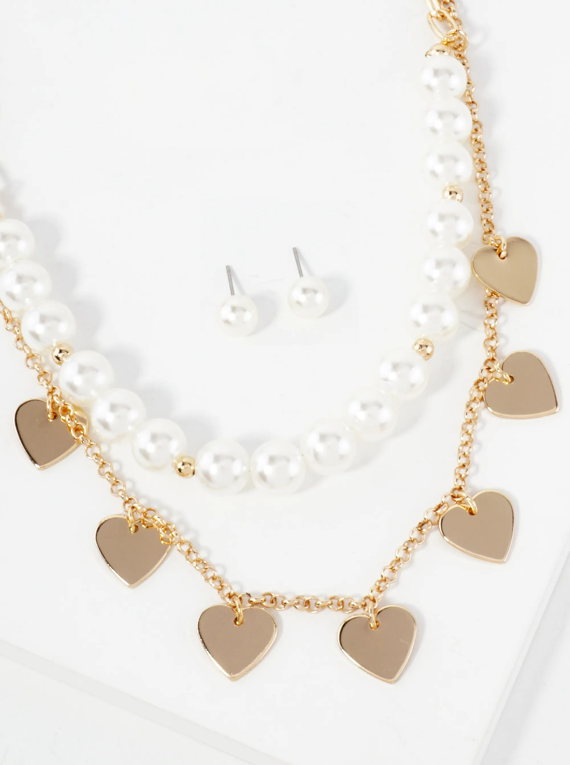 10mm Pearl-Beaded Heart-Charm Layered Necklace Set-with-Earrings