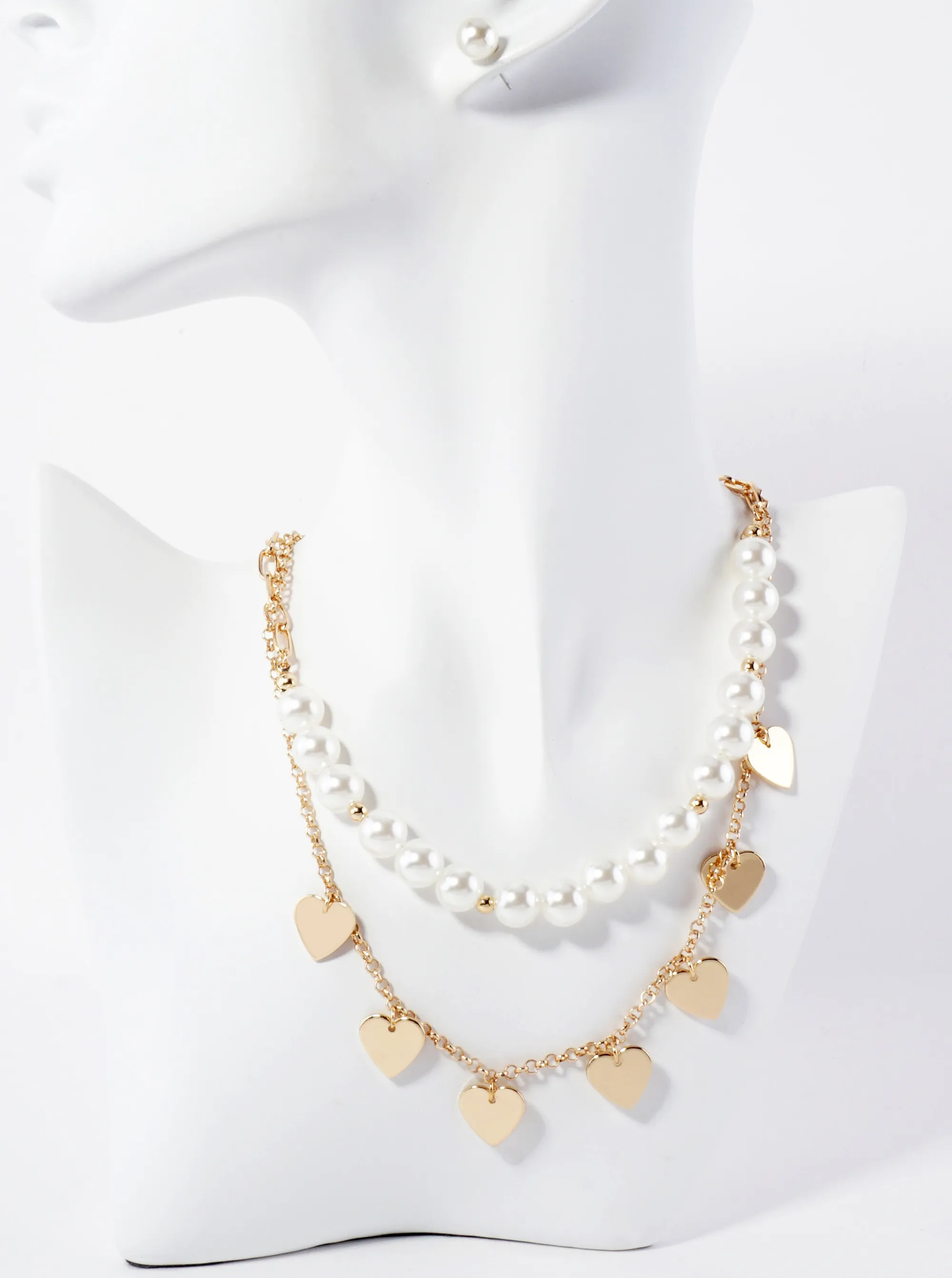 10mm Pearl-Beaded Heart-Charm Layered Necklace Set-with-Earrings