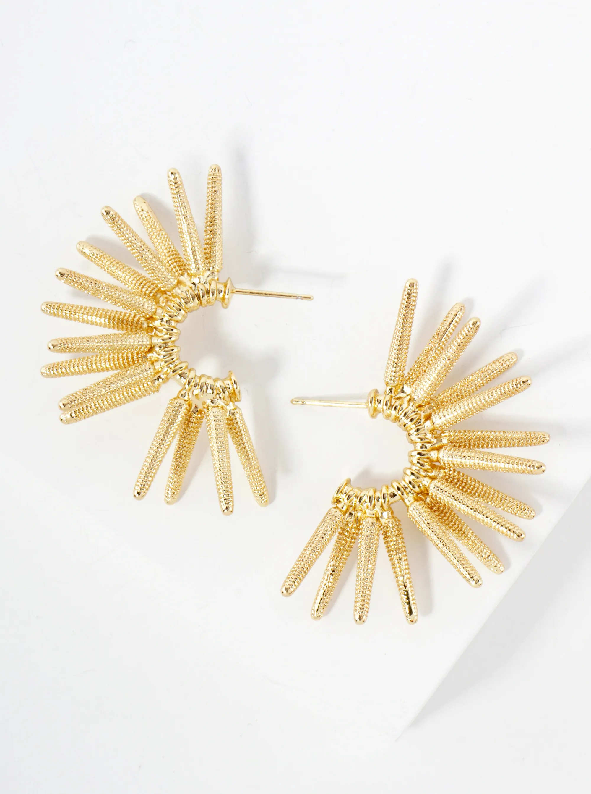 Sea-Life Sea-Urchin Inspired 14K-Gold-Dipped Textured Brass 10mm Hoop Statement Earrings