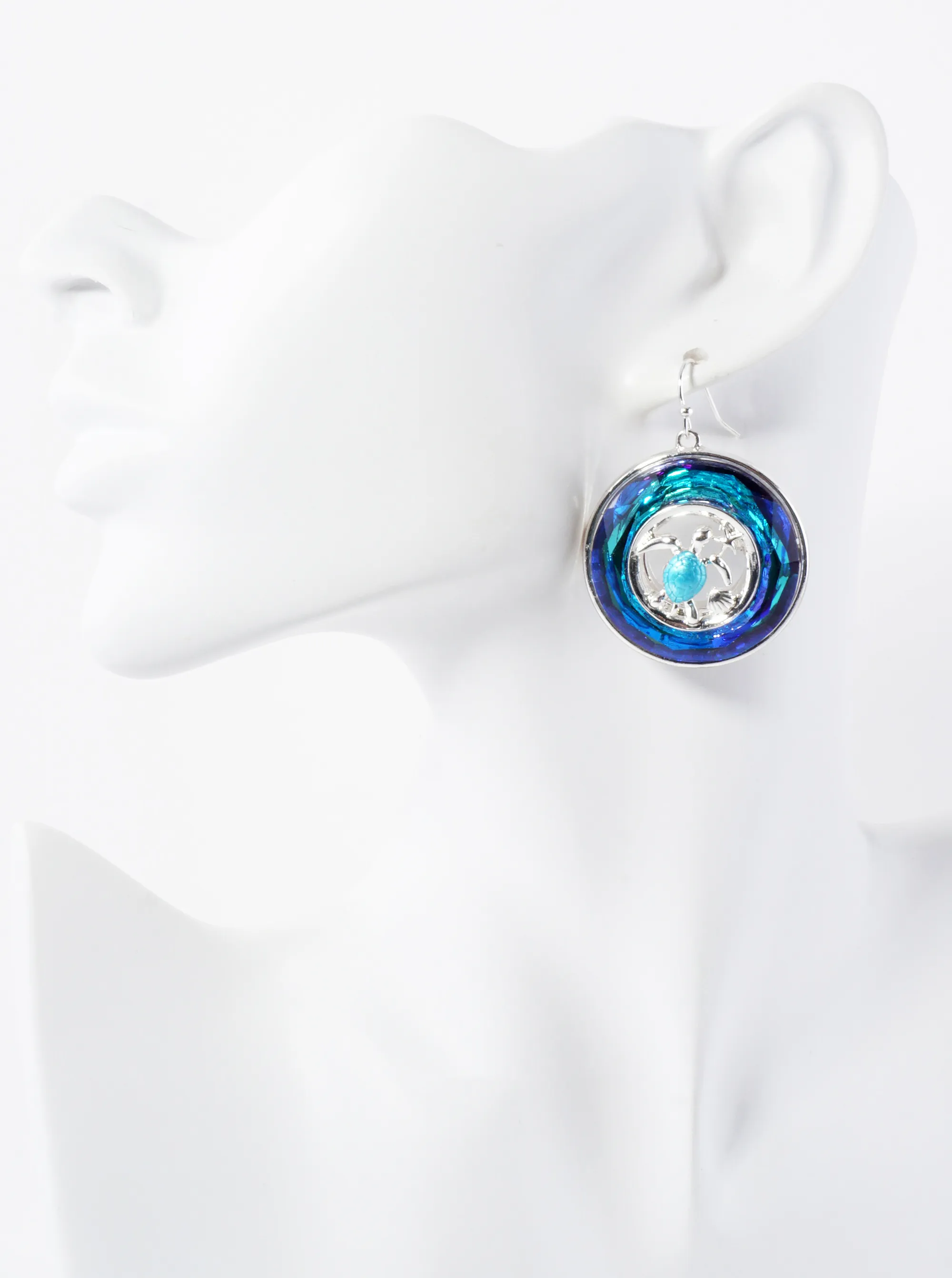 Sea-Life Turtle Set Inside Round-Shaped Faceted Glass-Stone Drop Earrings
