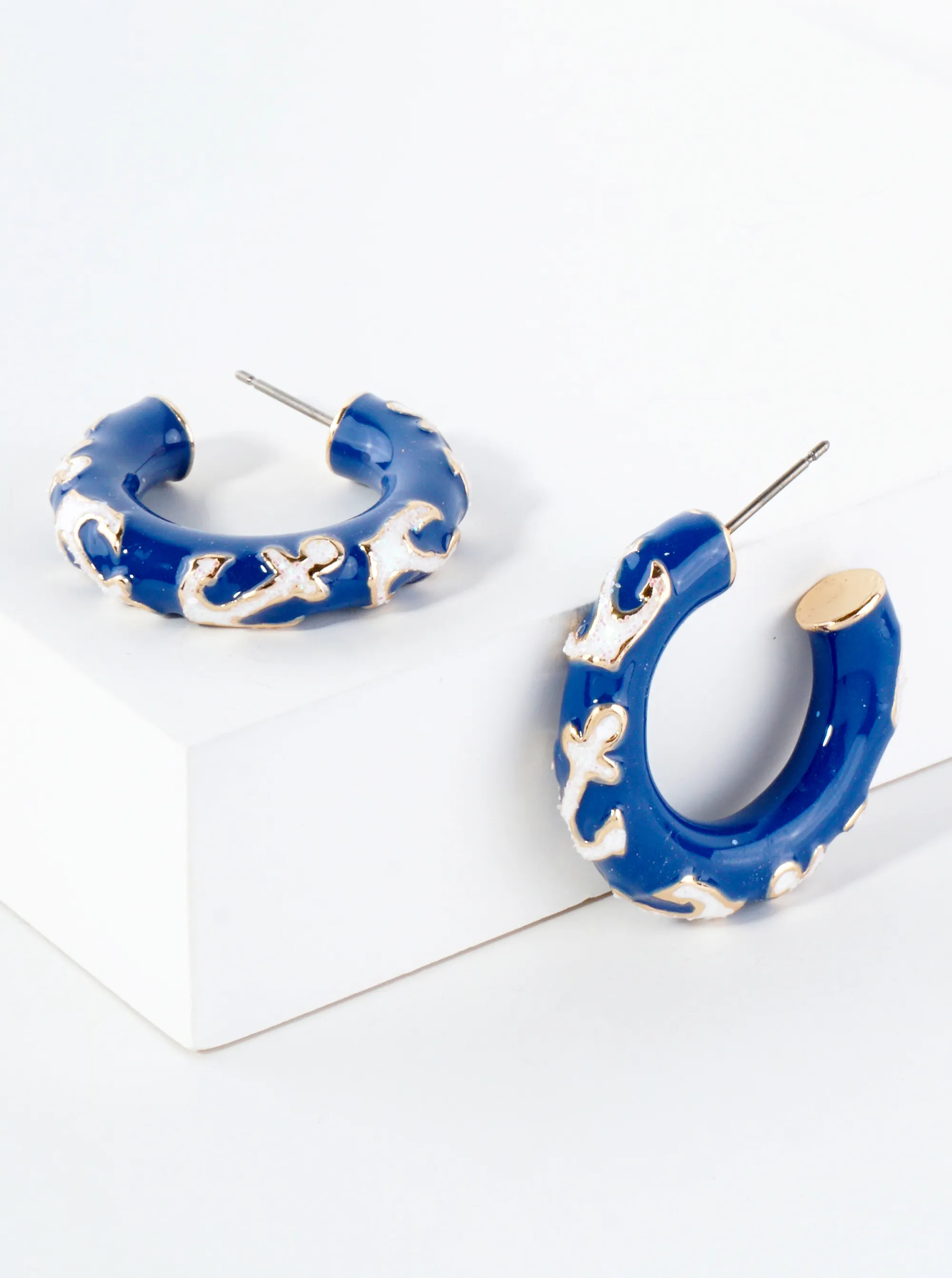 Anchor Pattern 25mm Nautical Enamel Hoop Earrings