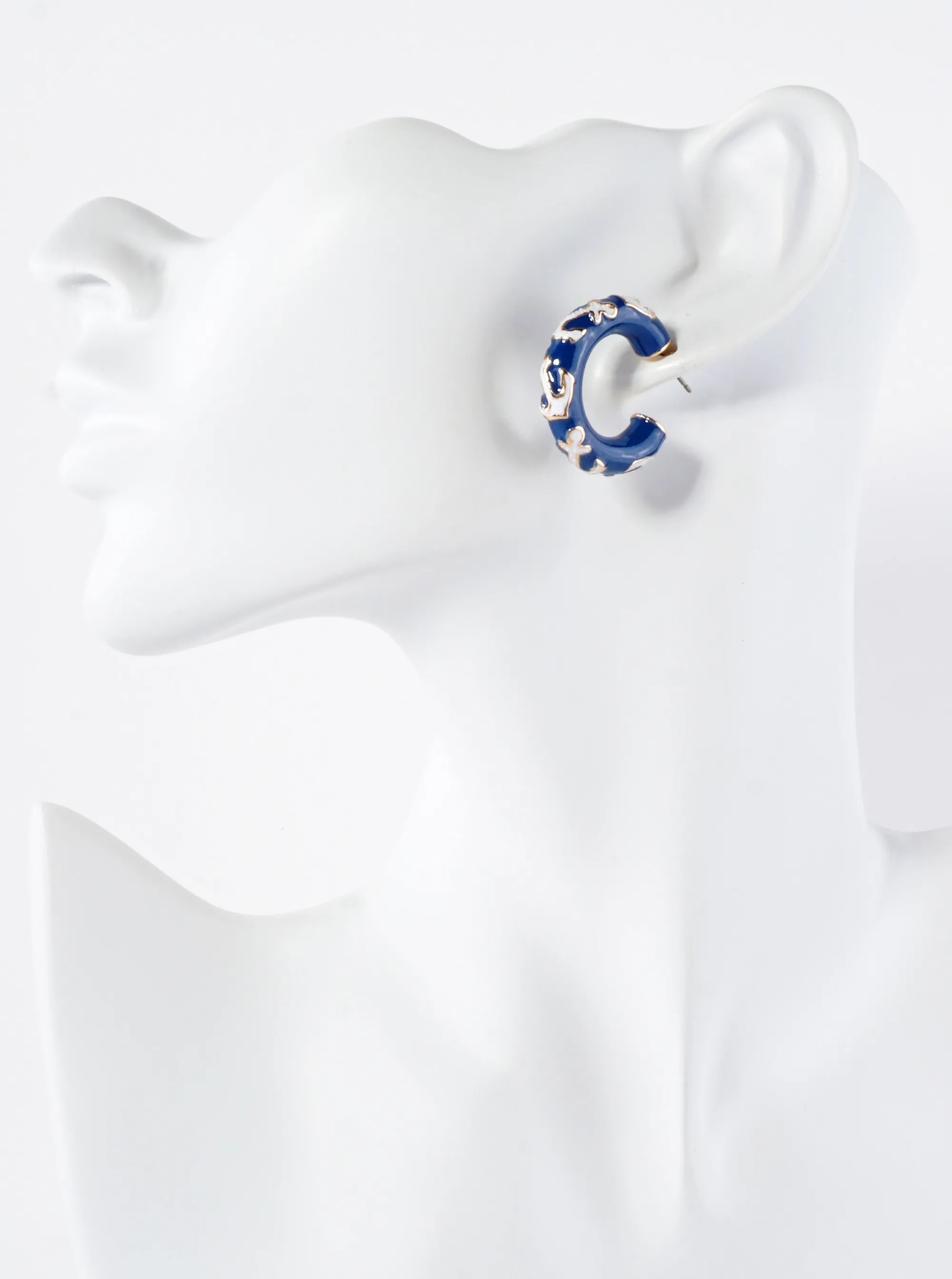 Anchor Pattern 25mm Nautical Enamel Hoop Earrings