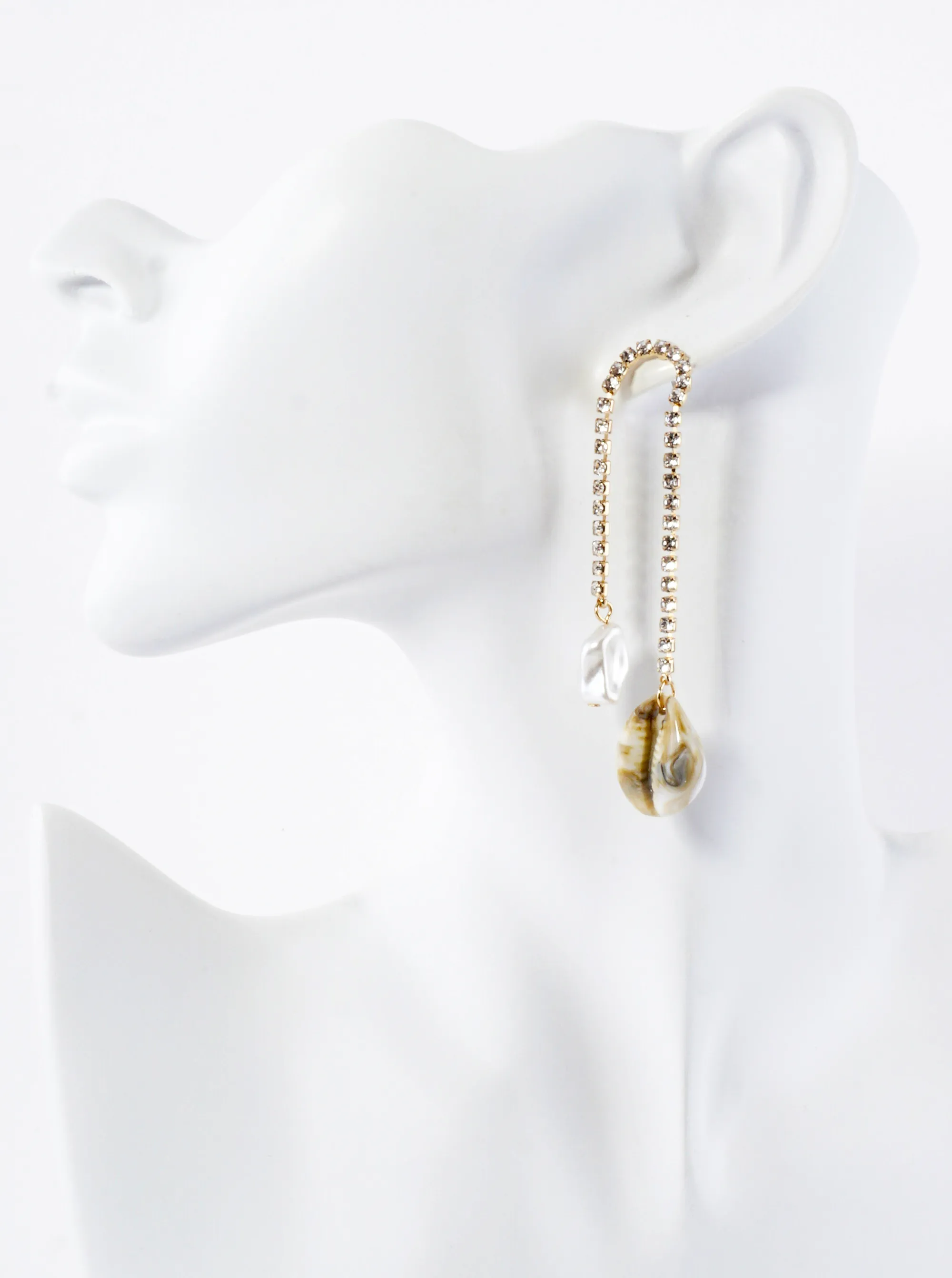 Sea-Life Pearl Cowrie Drop Rhinestone Chain Dangle Earrings