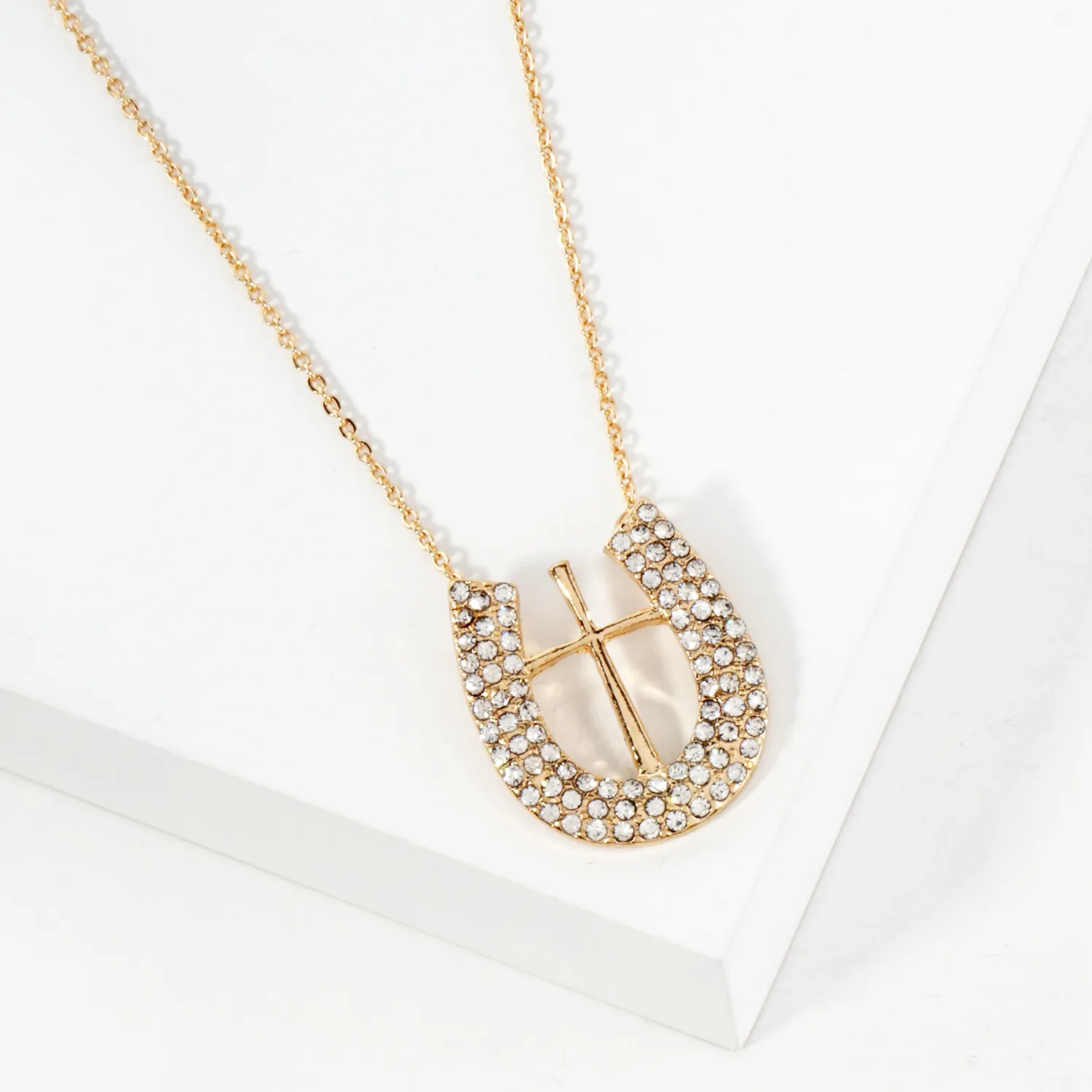 Crystal-Pave Cross-in-Horseshoe Pendant Necklace