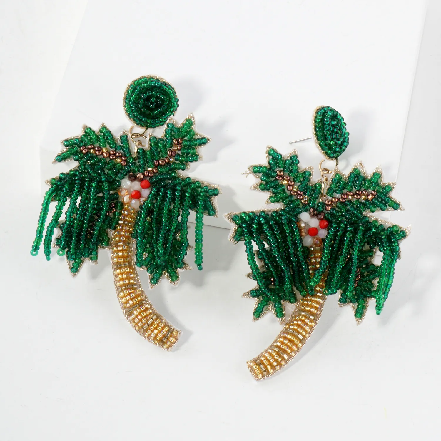 Glass Beaded Palm-Tree Drop Tropical Statement Earrings