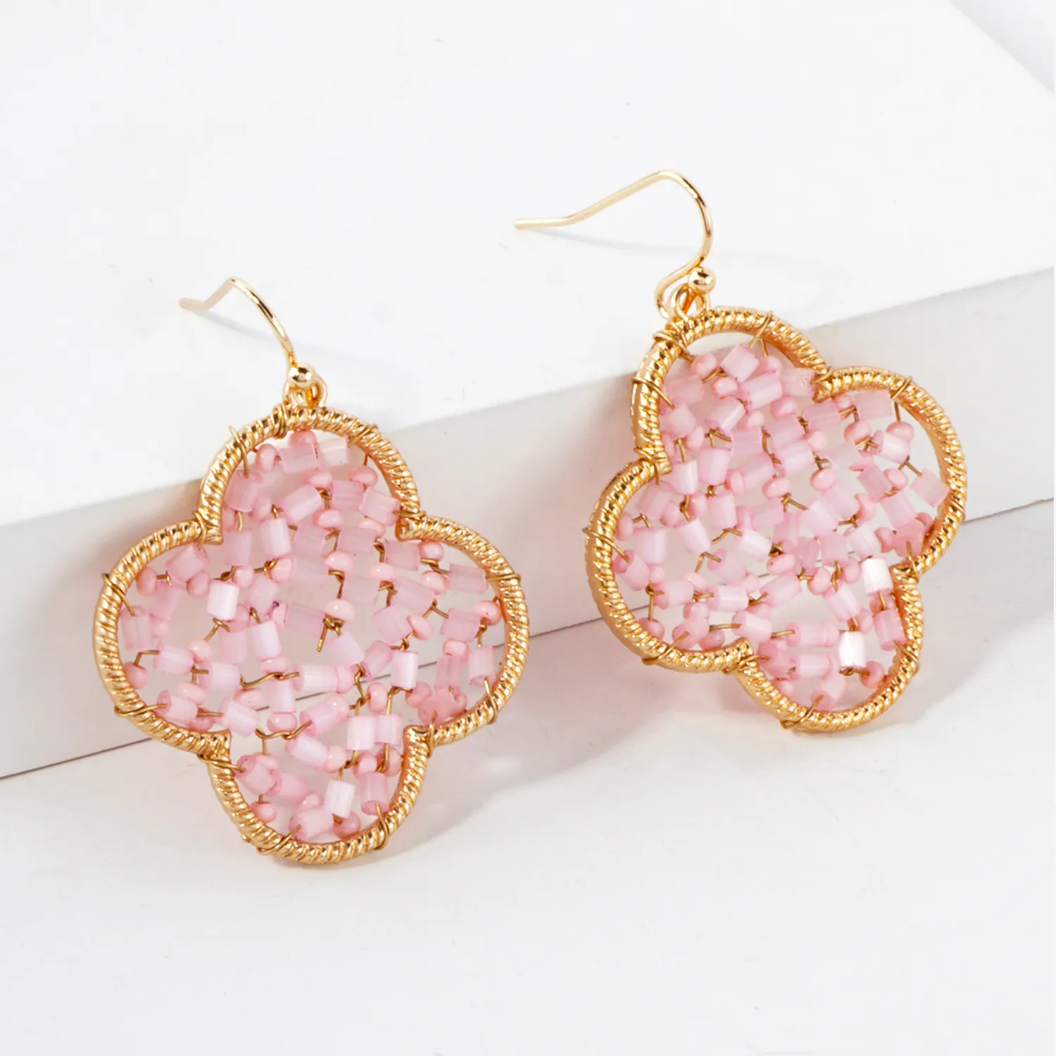 Cylinder Seed-Beads Wire-Wrapped Quatrefoil Earrings LPK