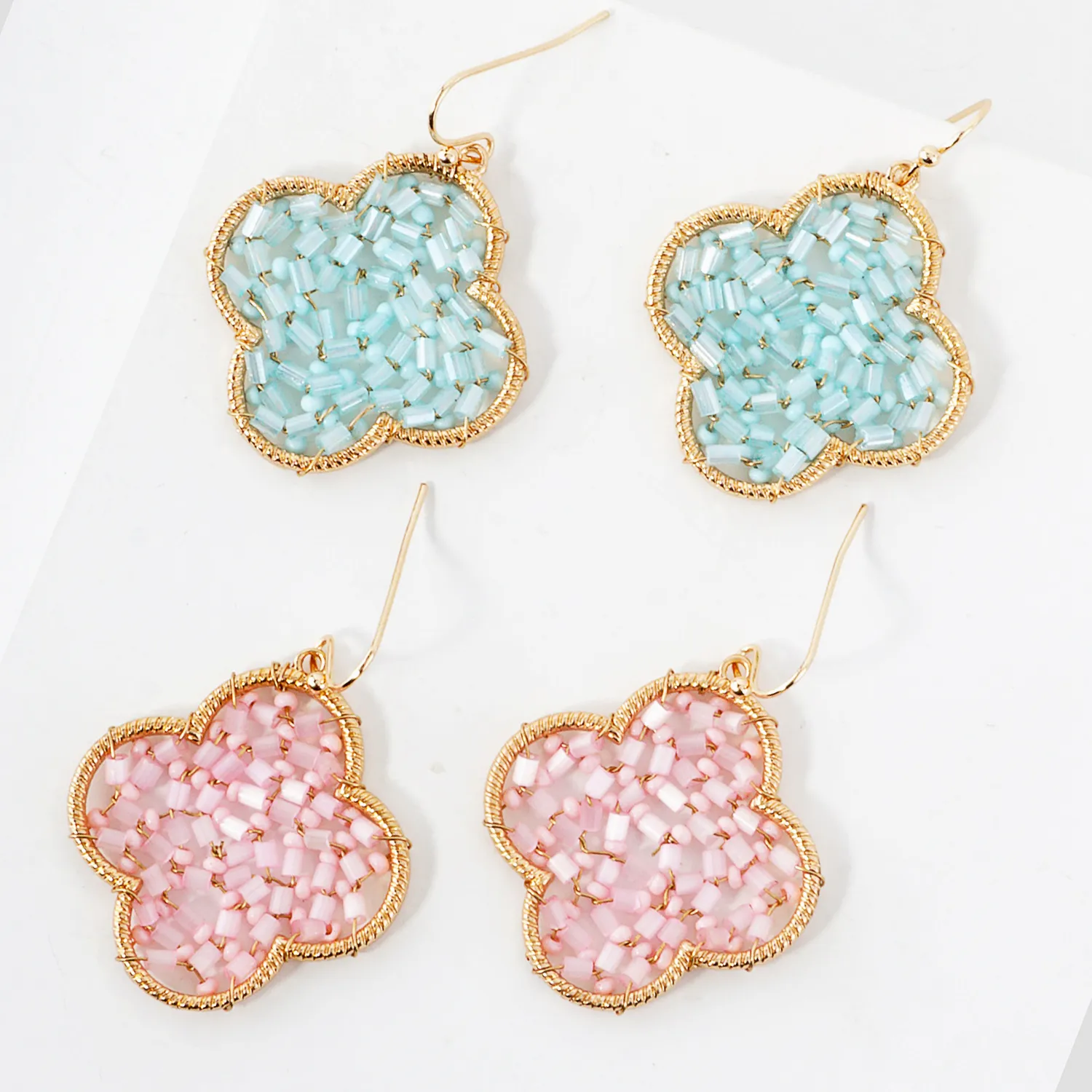 Cylinder Seed-Beads Wire-Wrapped Quatrefoil Earrings LPK