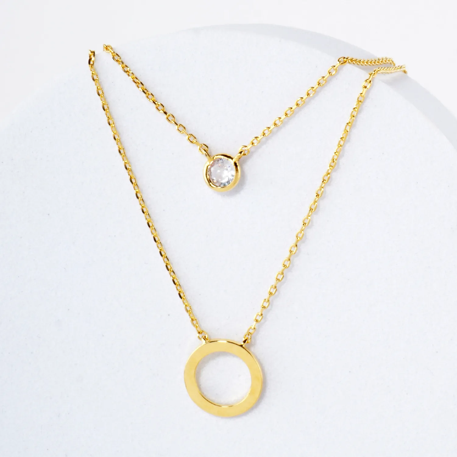 3mm CZ Circle Pendant 18K-Gold-Dipped Layered Necklace