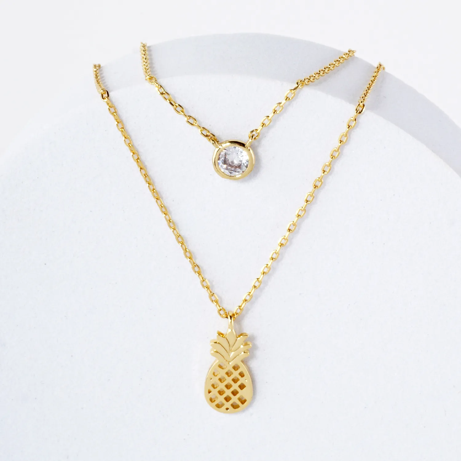 3mm CZ Pineapple Pendant 18K-Gold-Dipped Layered Necklace