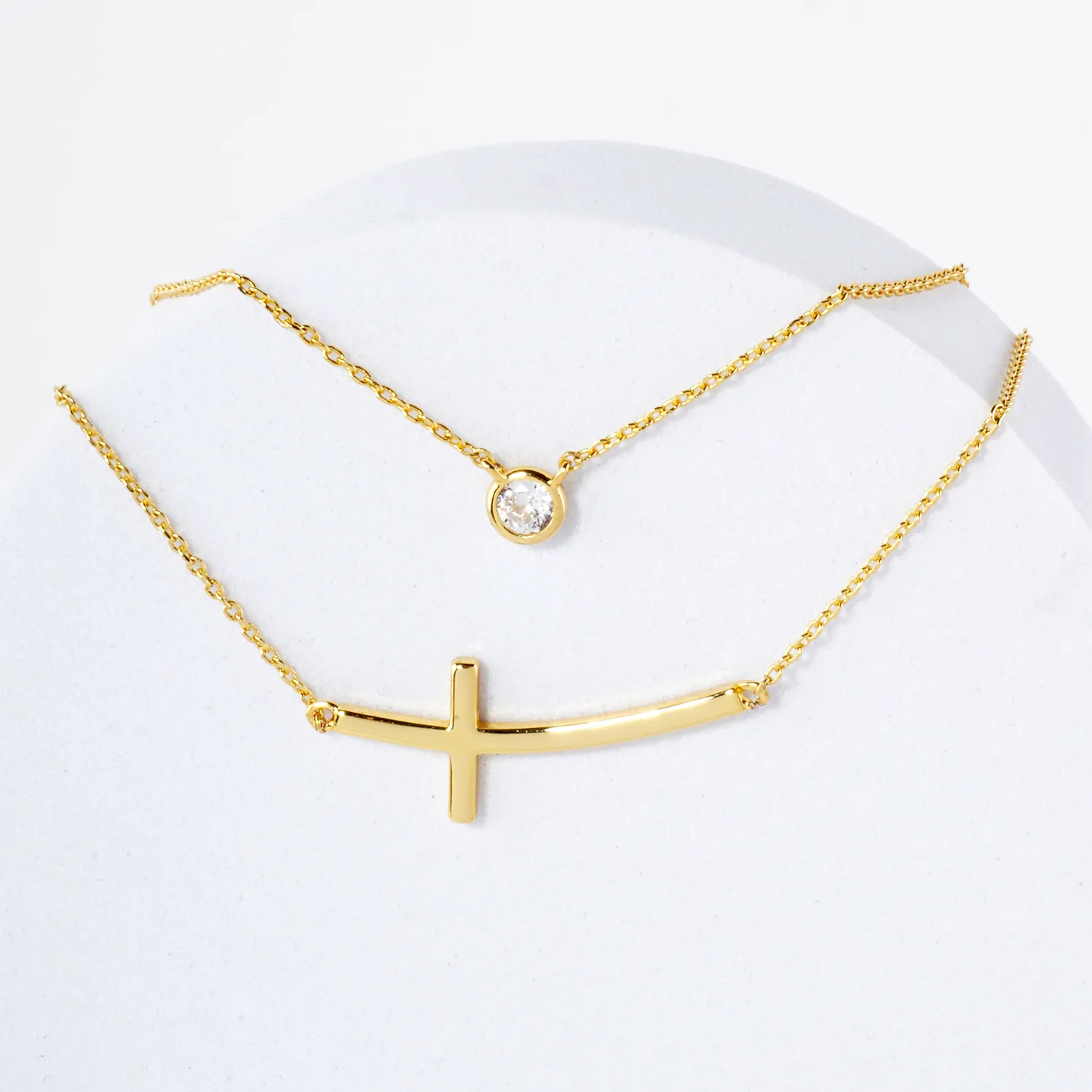 3mm CZ Sideways Cross Pendant 18K-Gold-Dipped Layered Necklace