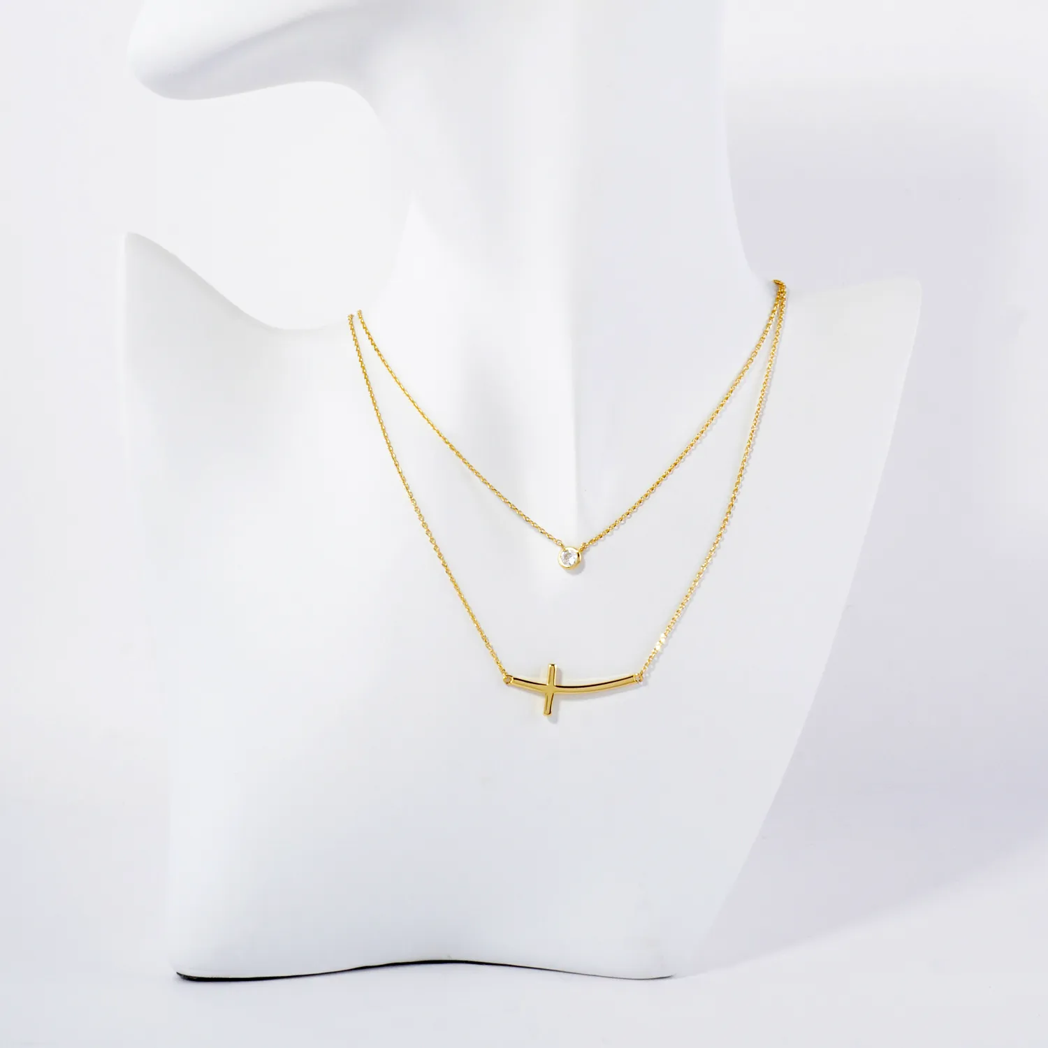 3mm CZ Sideways Cross Pendant 18K-Gold-Dipped Layered Necklace
