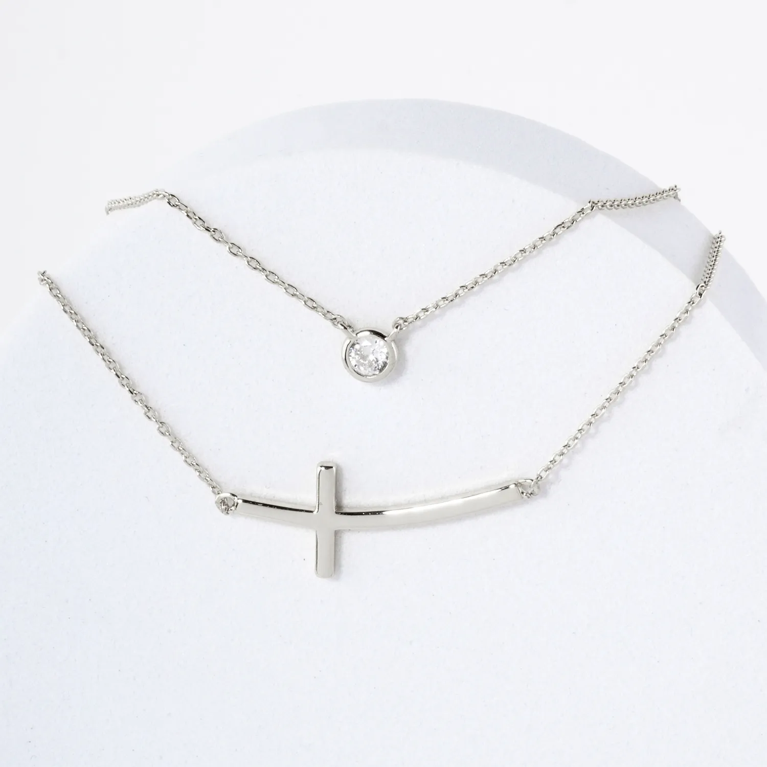 3mm CZ Sideways Cross Pendant 18K-Gold-Dipped Layered Necklace