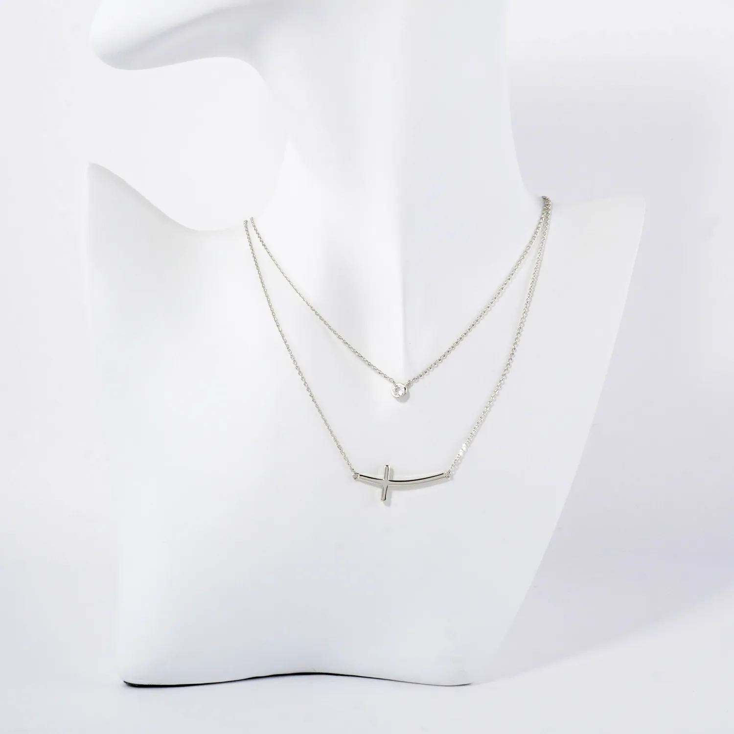 3mm CZ Sideways Cross Pendant 18K-Gold-Dipped Layered Necklace