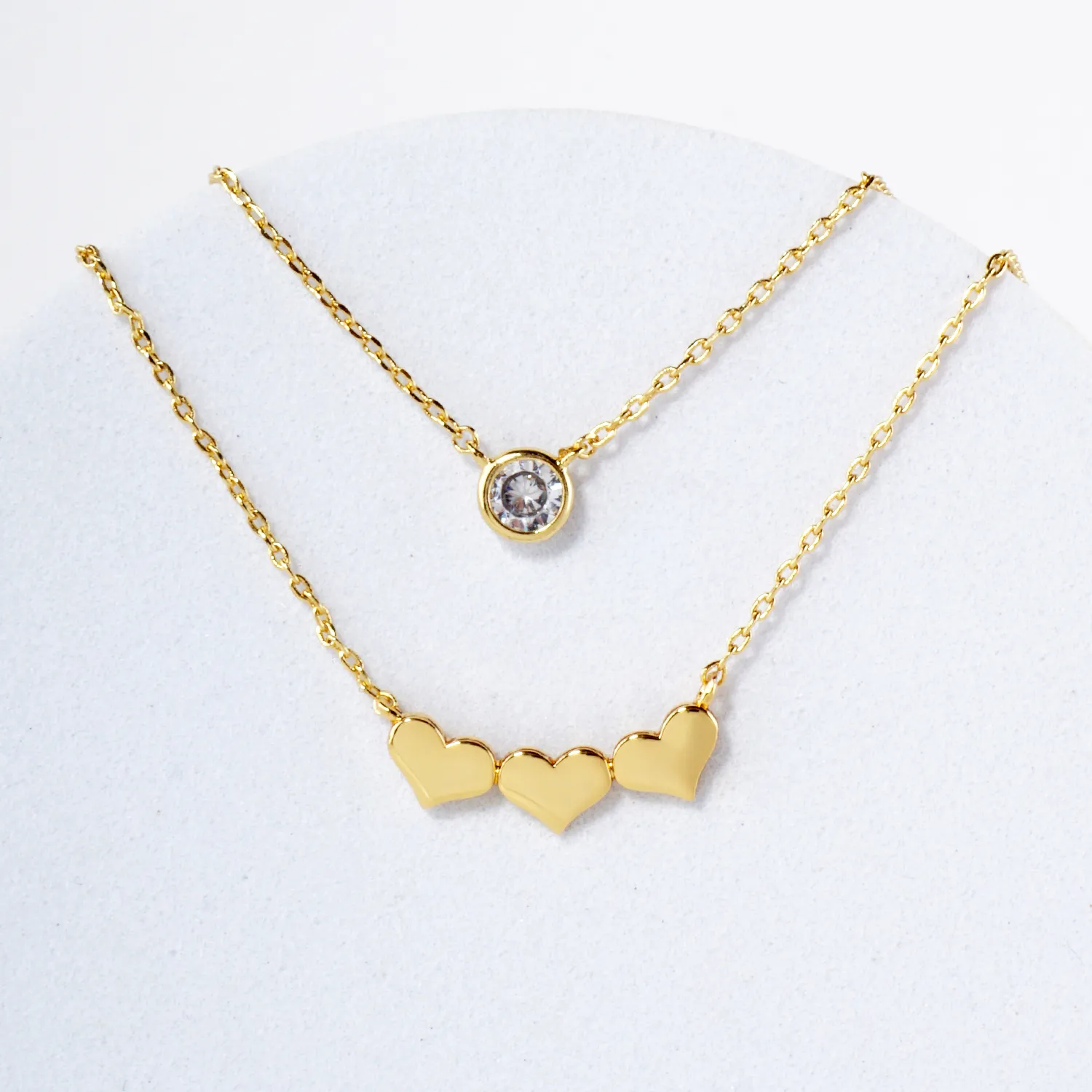 3mm CZ Three Hearts Pendant 18K-Gold-Dipped Layered Necklace
