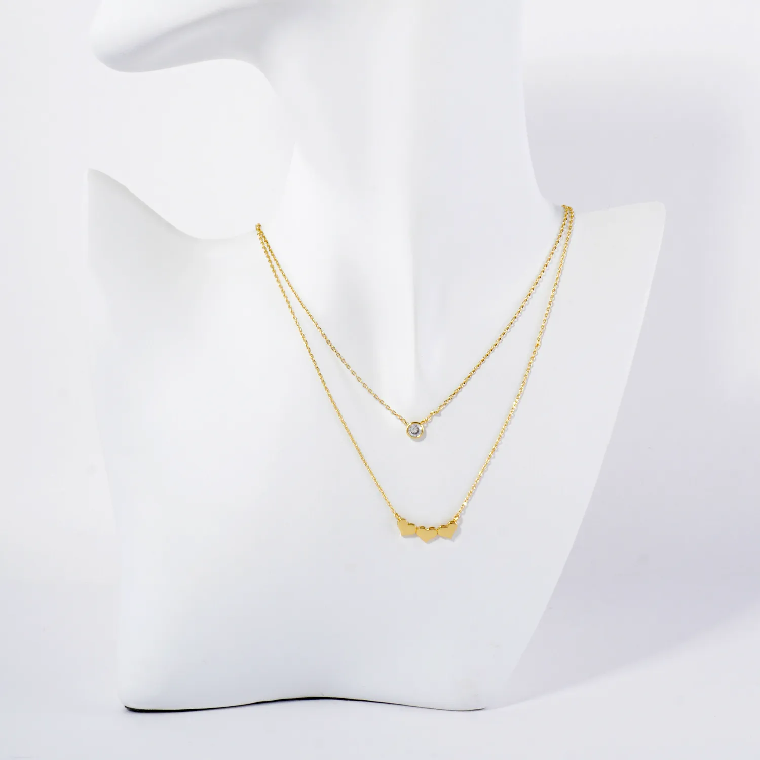 3mm CZ Three Hearts Pendant 18K-Gold-Dipped Layered Necklace