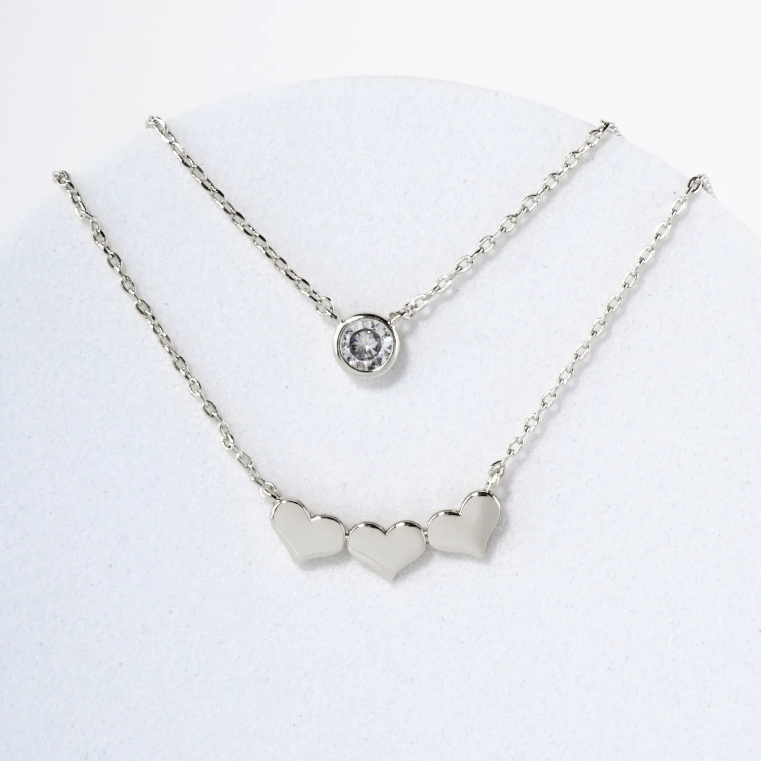 3mm CZ Three Hearts Pendant 18K-Gold-Dipped Layered Necklace