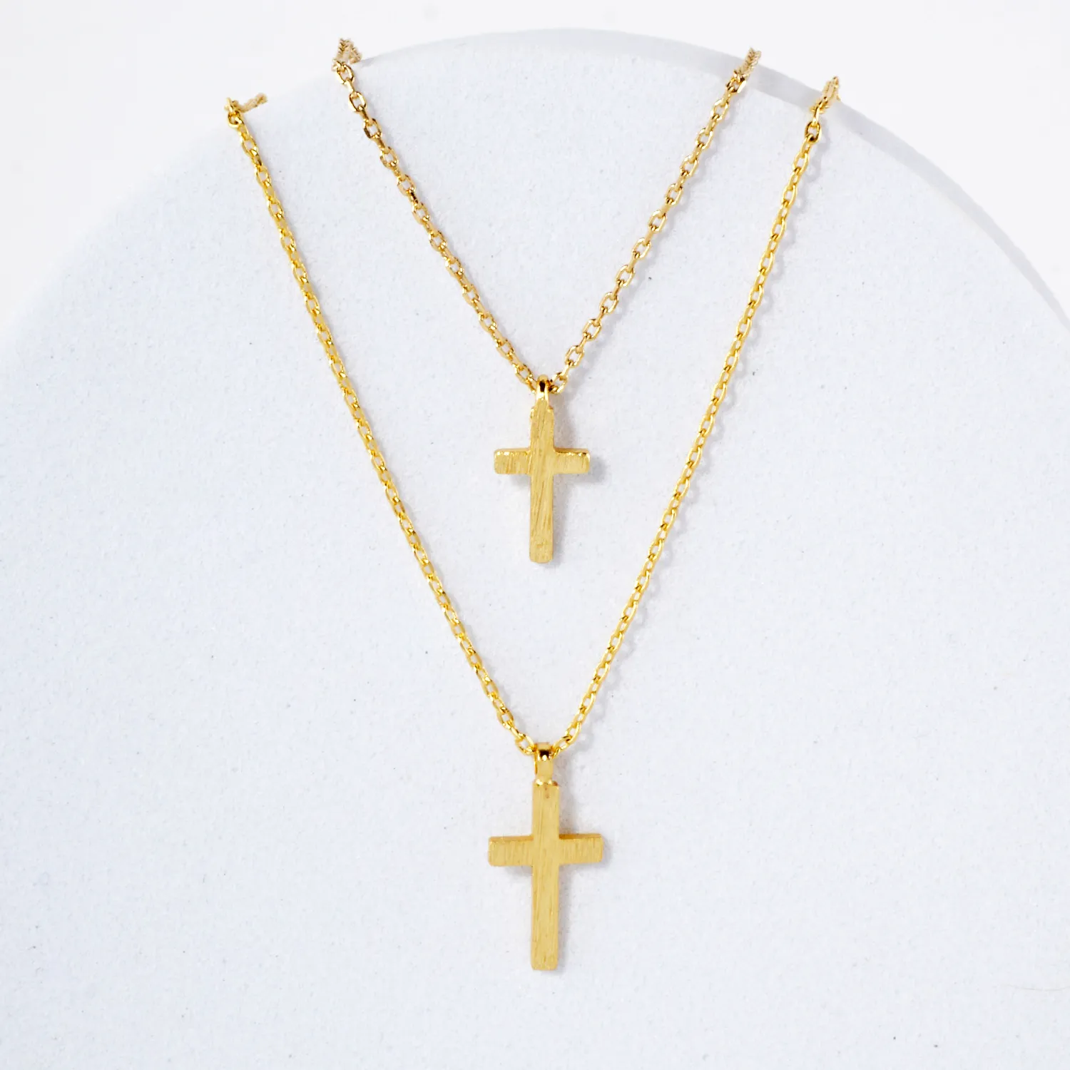 Brushed-Textured Double Cross Pendant 18K-Gold-Dipped Layered Necklace
