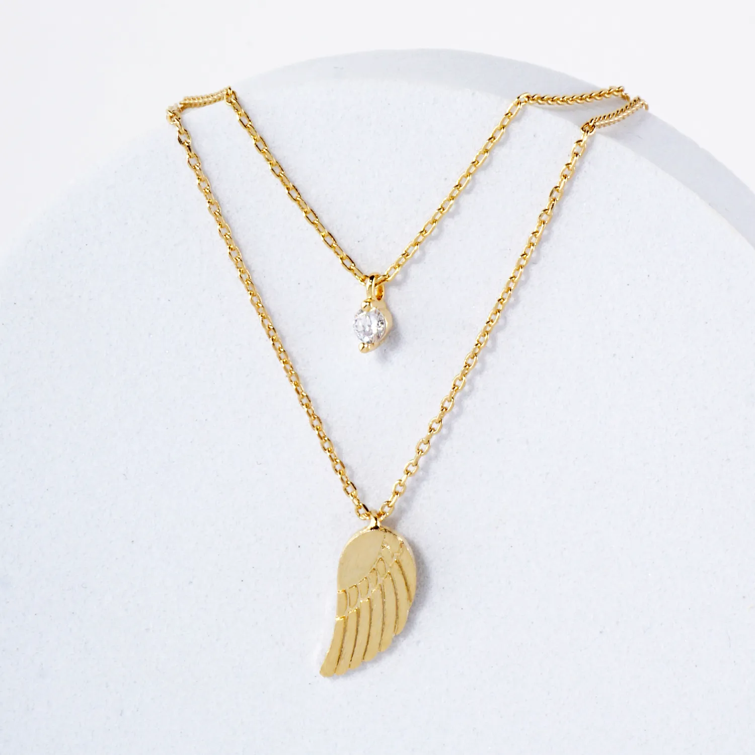 CZ Brushed-Texture Angel-Wing Pendant 18K-Gold-Dipped Layered Necklace