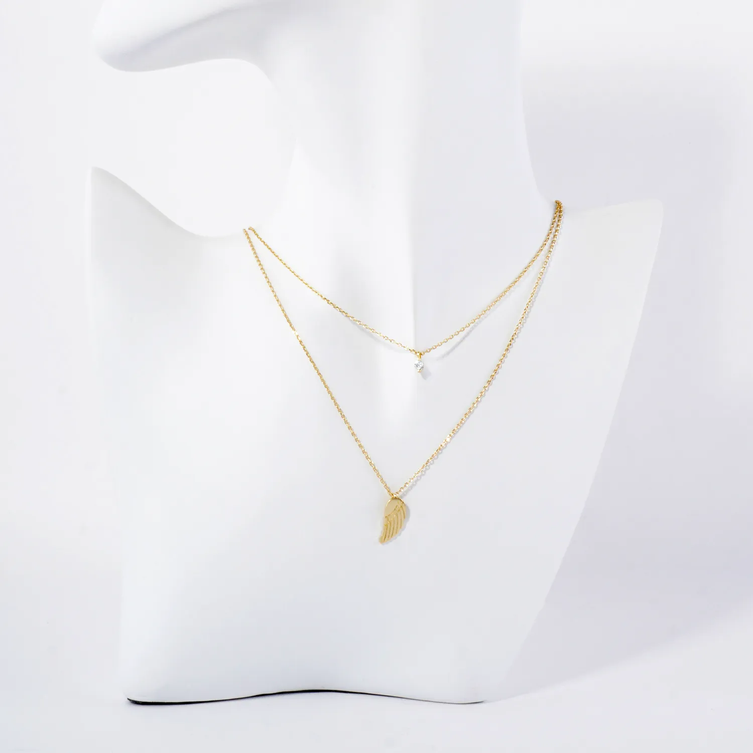 CZ Brushed-Texture Angel-Wing Pendant 18K-Gold-Dipped Layered Necklace
