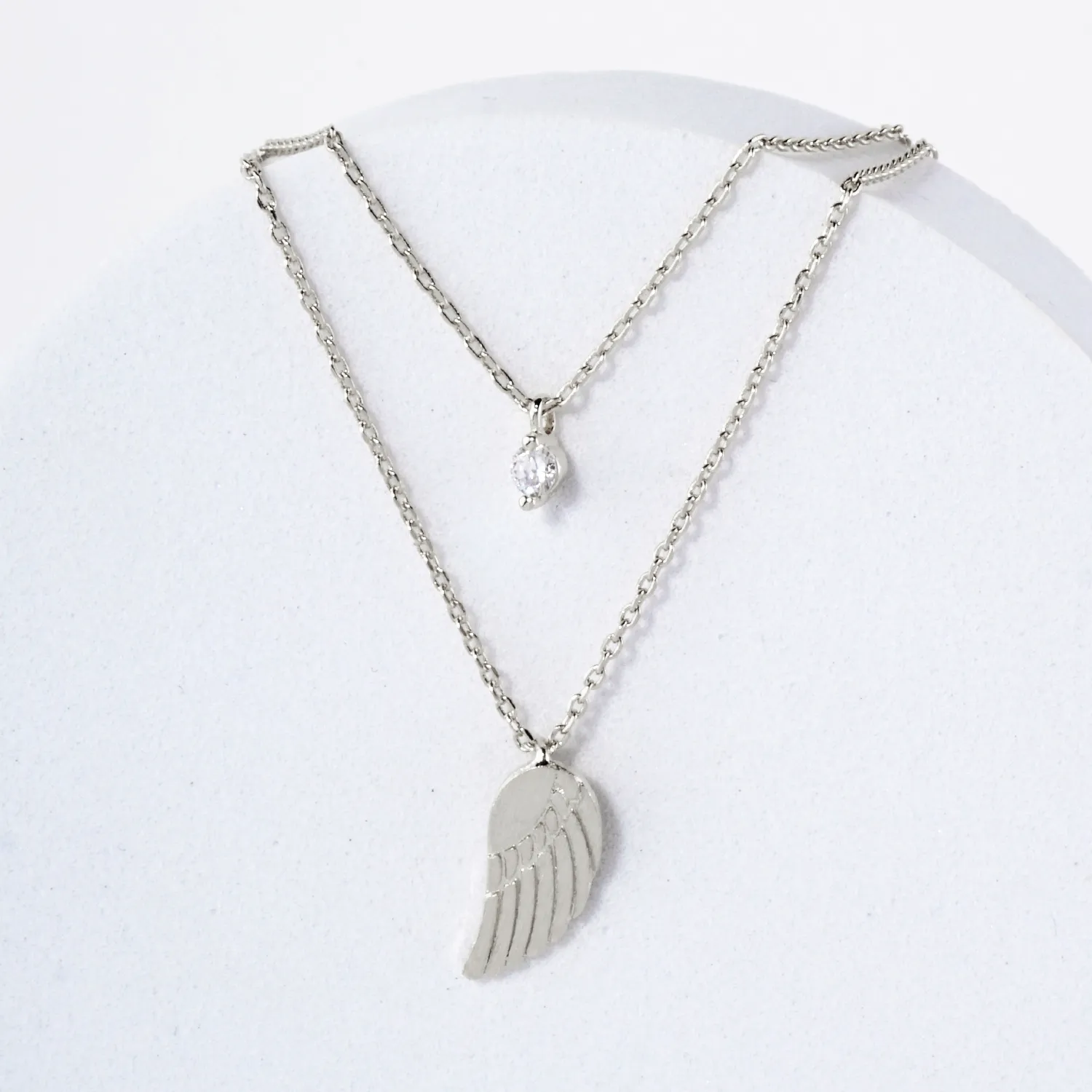 CZ Brushed-Texture Angel-Wing Pendant 18K-Gold-Dipped Layered Necklace