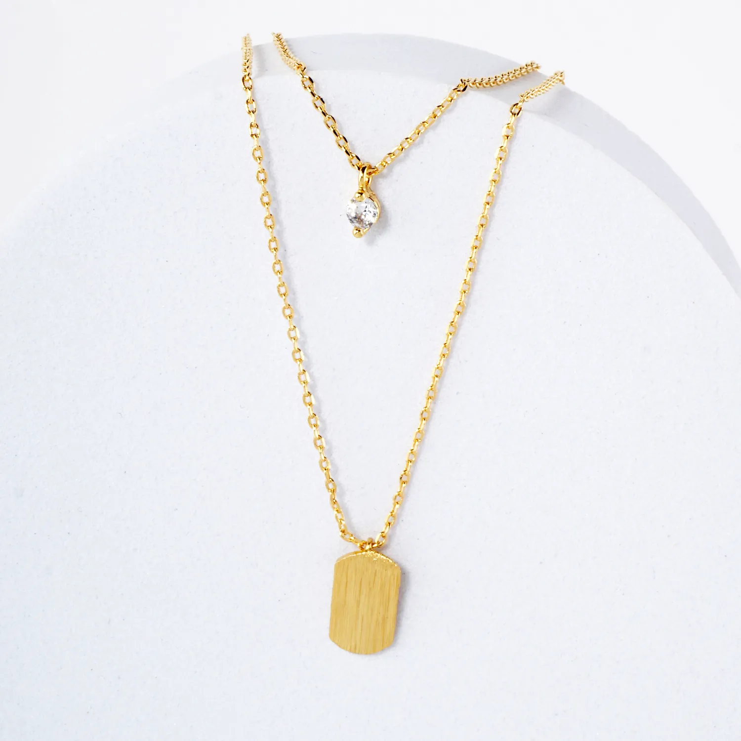 CZ Brushed-Texture Tiny Name-Tag Pendant 18K-Gold-Dipped Layered Necklace