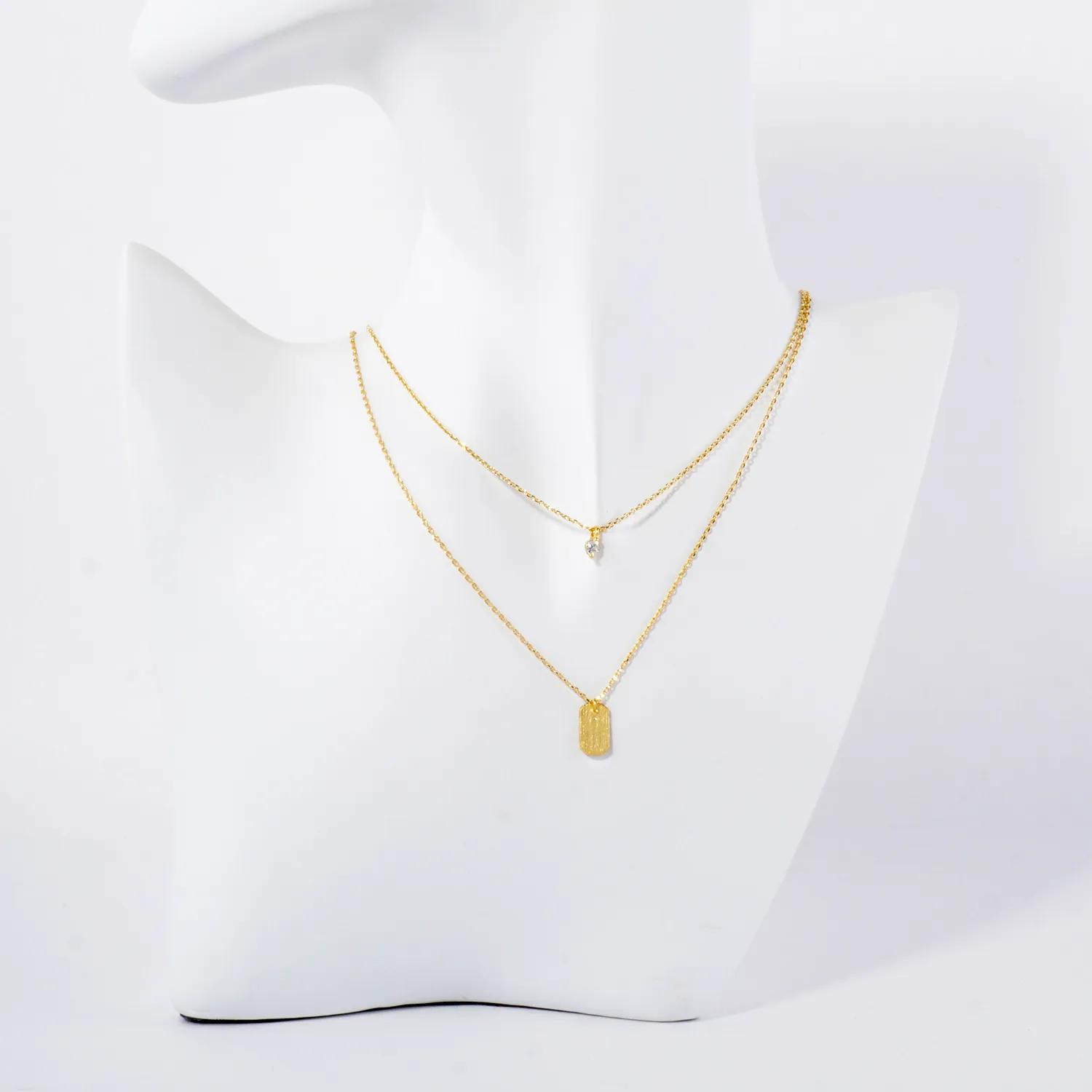 CZ Brushed-Texture Tiny Name-Tag Pendant 18K-Gold-Dipped Layered Necklace