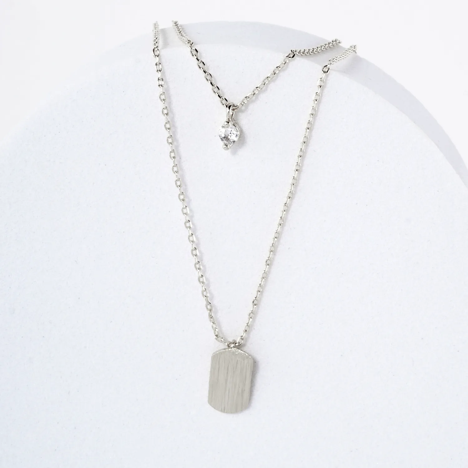 CZ Brushed-Texture Tiny Name-Tag Pendant 18K-Gold-Dipped Layered Necklace