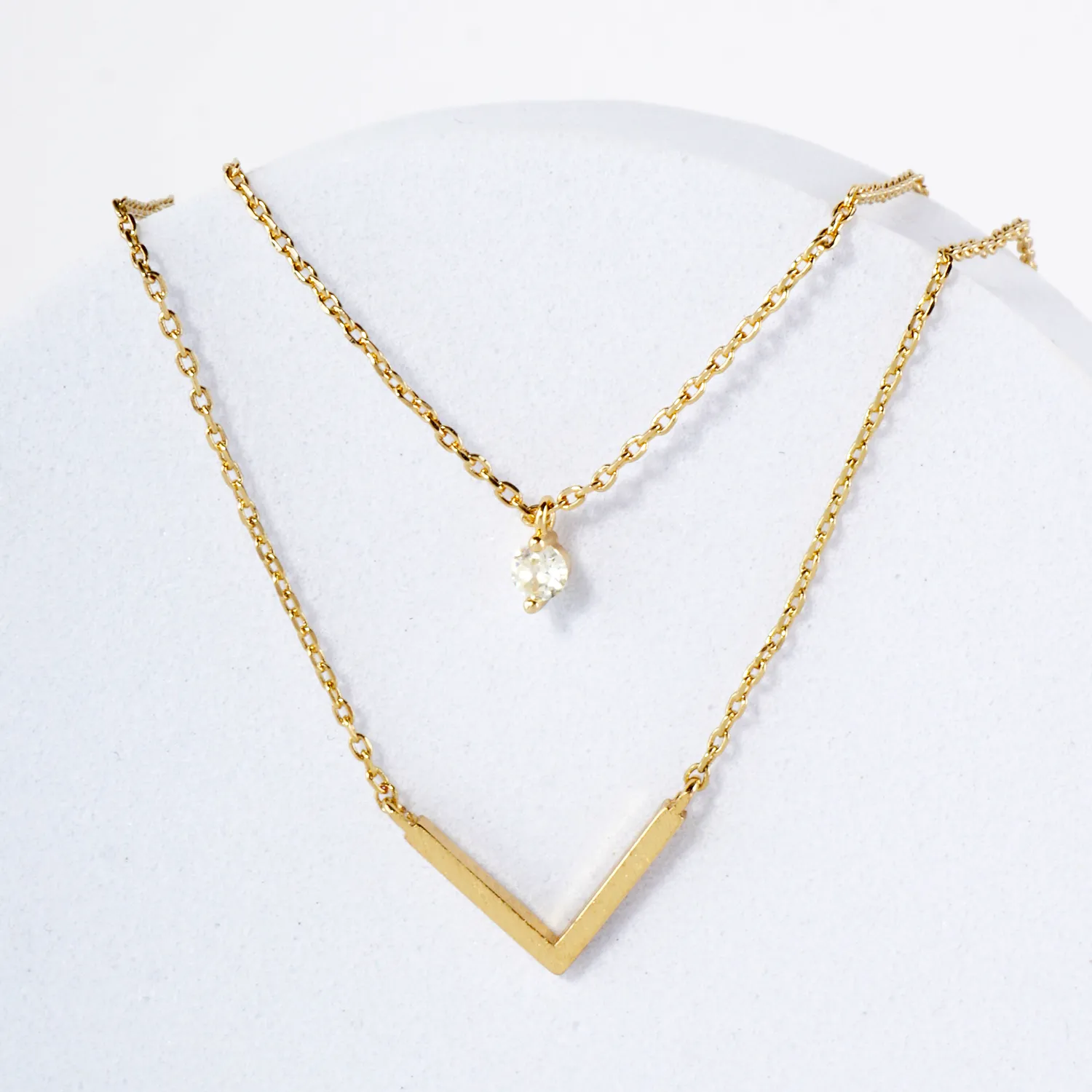 CZ Brushed-Texture V Pendant 18K-Gold-Dipped Layered Necklace