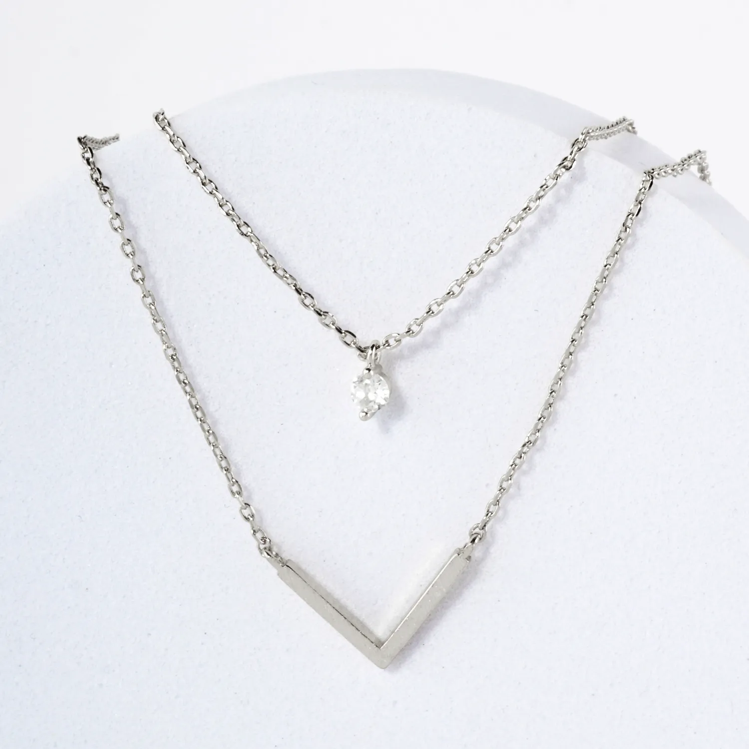 CZ Brushed-Texture V Pendant 18K-Gold-Dipped Layered Necklace