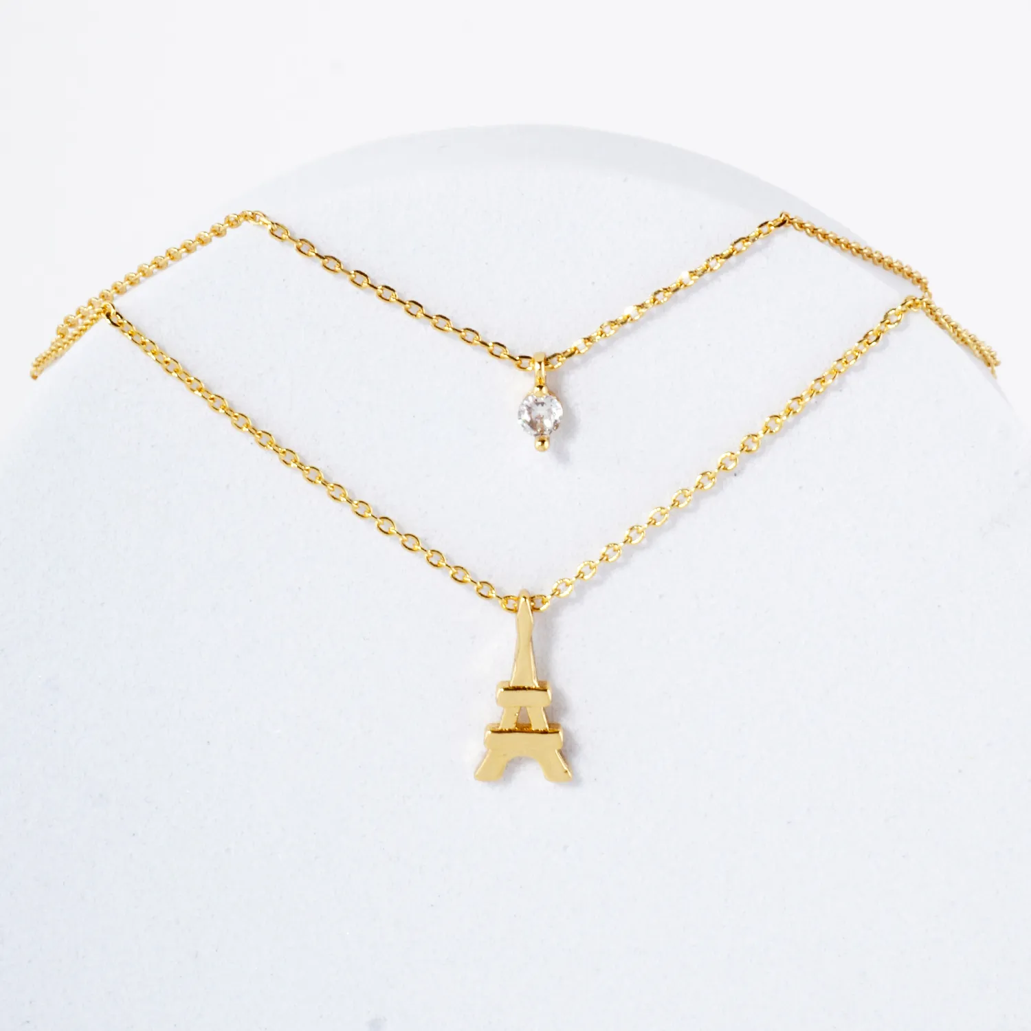 CZ Eiffel-Tower Pendant 18K-Gold-Dipped Layered Necklace