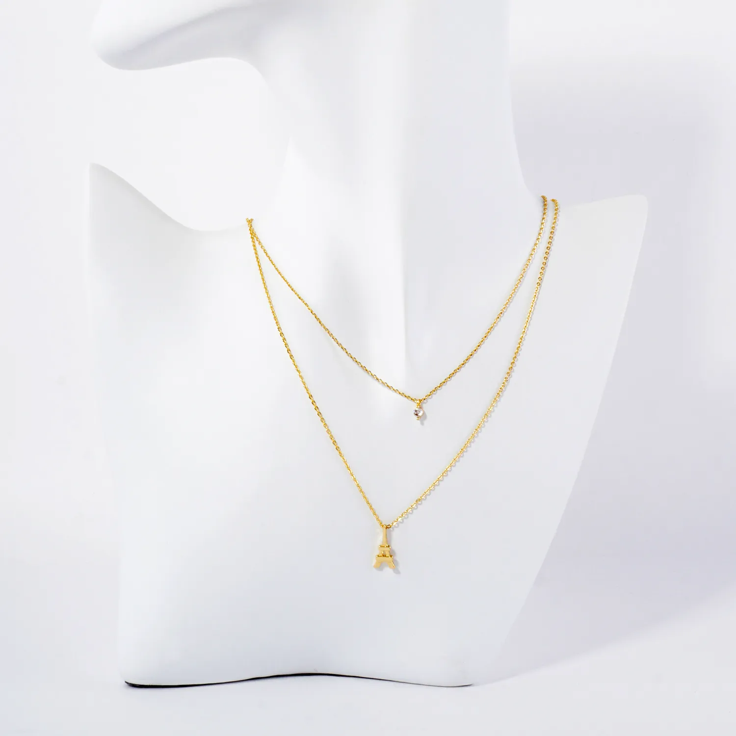 CZ Eiffel-Tower Pendant 18K-Gold-Dipped Layered Necklace
