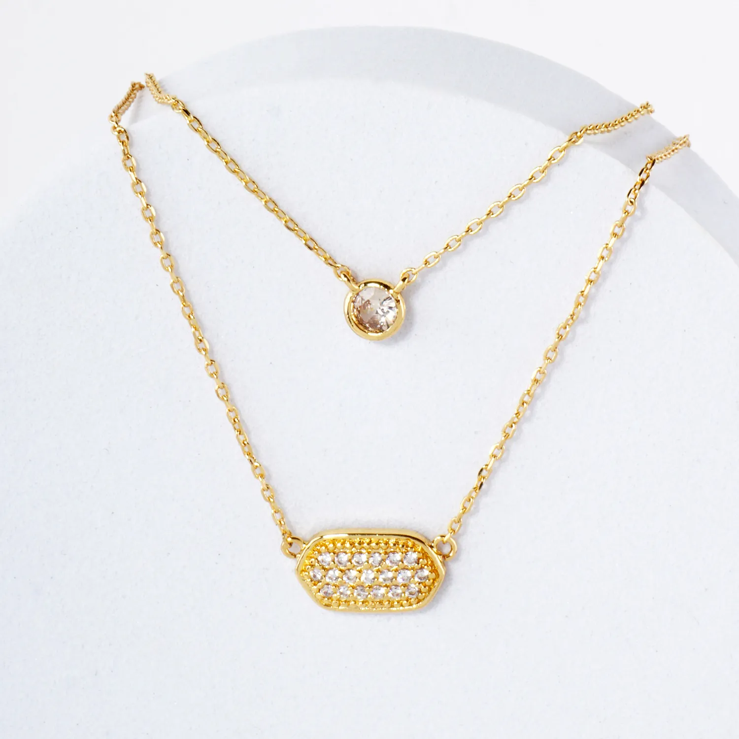 CZ Elongated Hexagon Pendant 18K-Gold-Dipped Layered Necklace