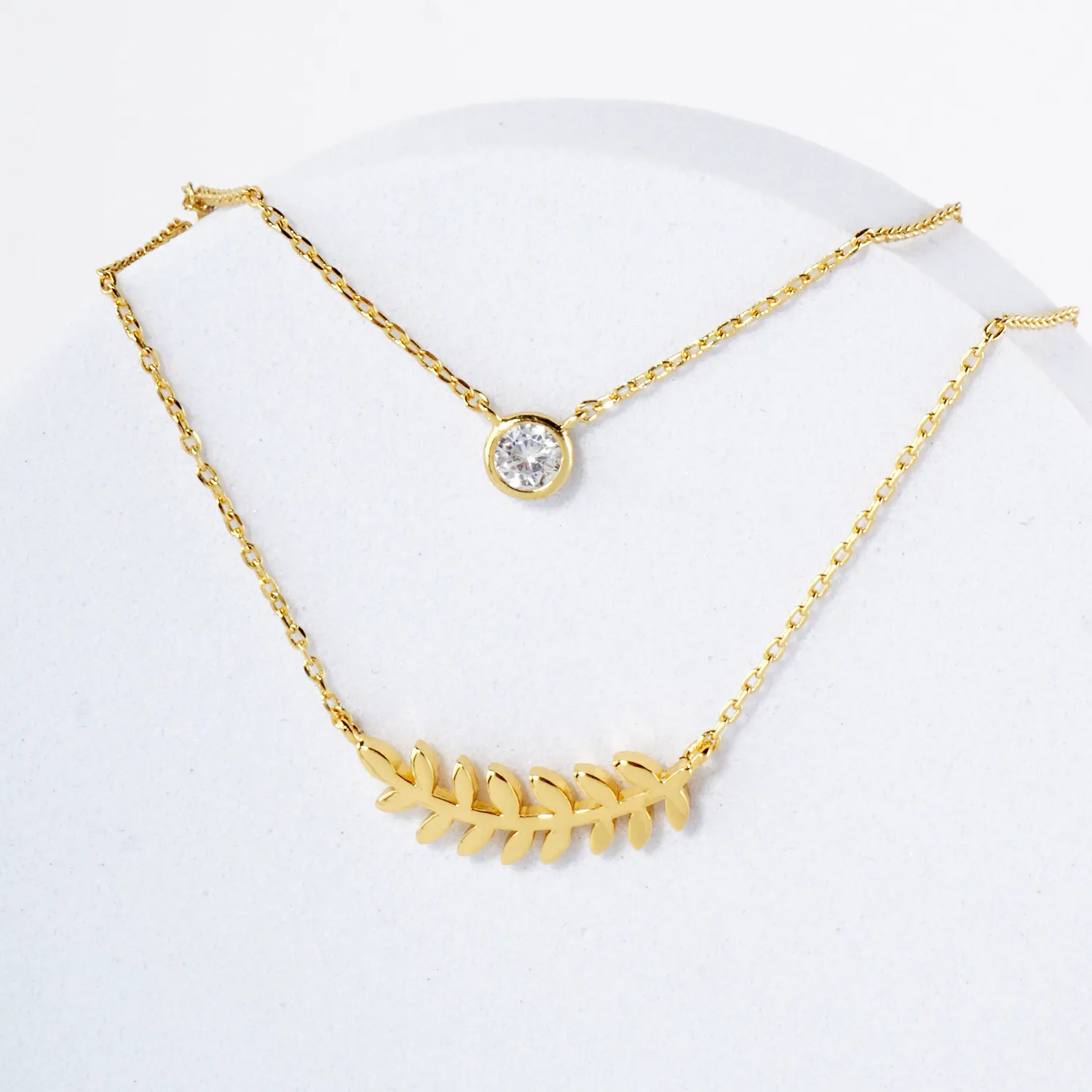 CZ Sideways Leaf Pendant 18K-Gold-Dipped Layered Necklace