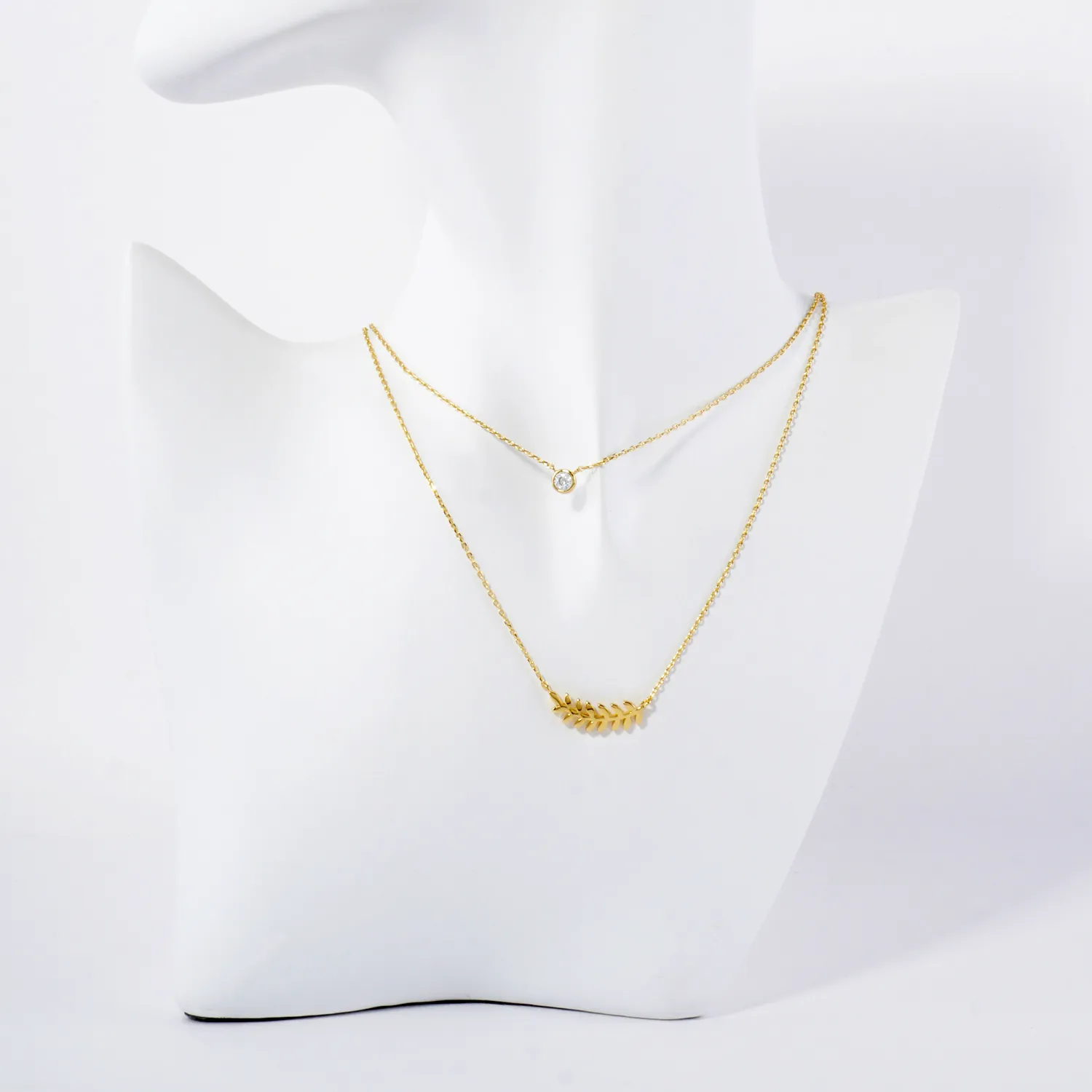 CZ Sideways Leaf Pendant 18K-Gold-Dipped Layered Necklace